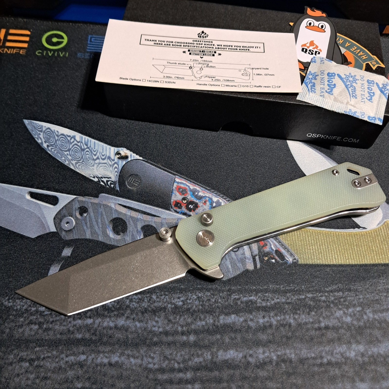 QSP Grebe T Button Lock Folding Knife Jade G10 Handle 14C28N Tanto QS148-D2 QSP Grebe T Button Lock Folding Knife Jade G10 Handle 14C28N Tanto QS148-D2