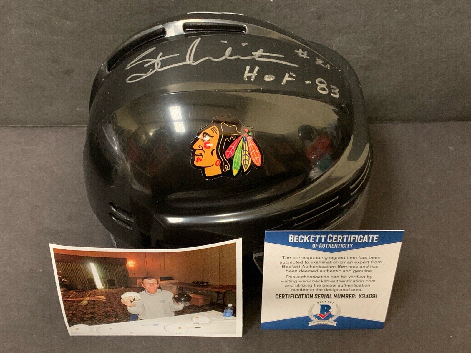 Stan Mikita Blackhawks Autographed Signed Mini Helmet BECKETT COA HOF 83 Black 1
