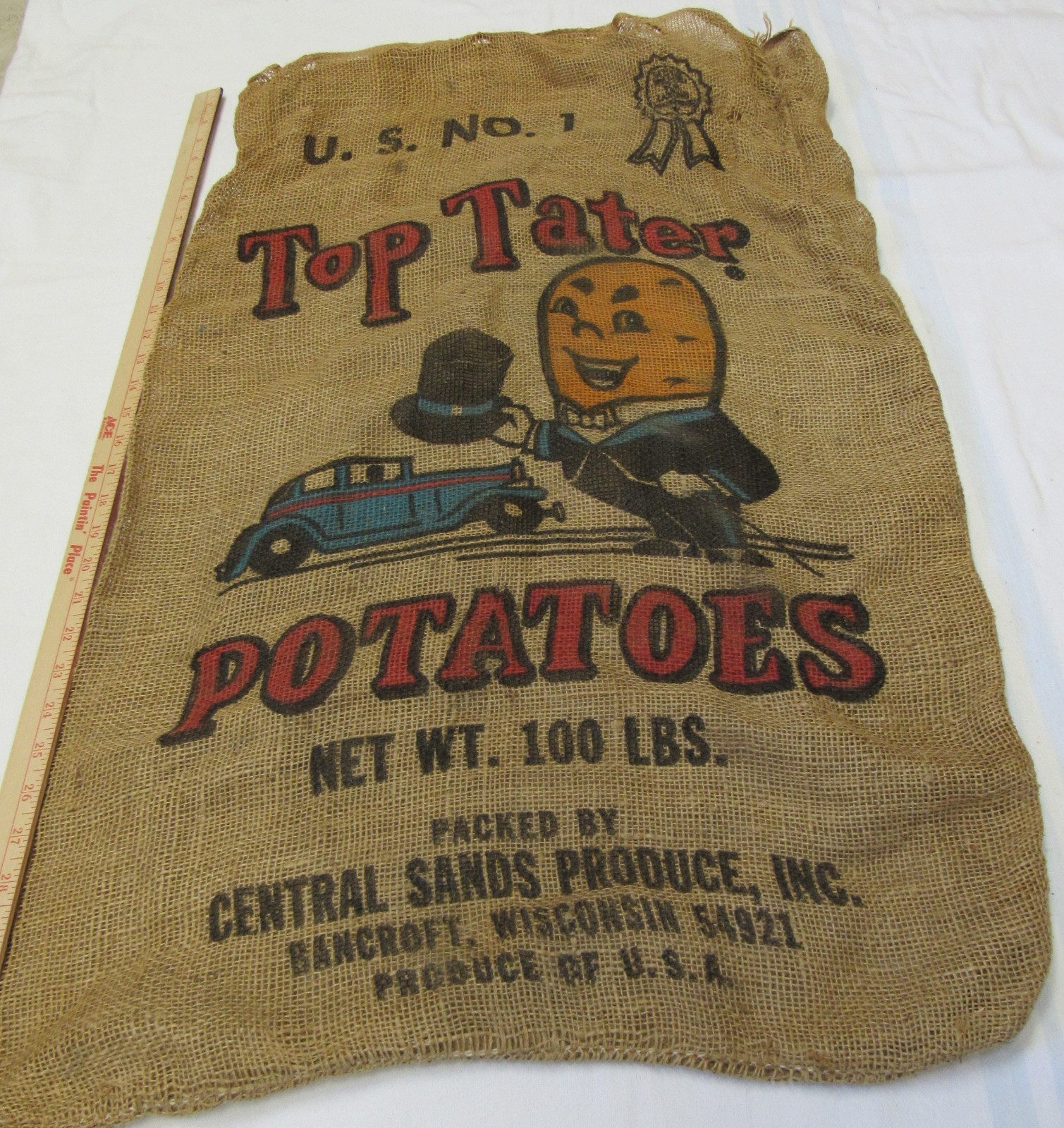 Vintage 1950s TOP TATER Potatoes Central Sands Produce Burlap Bag Bancroft WI Vintage 1950s TOP TATER Potatoes Central Sands Produce Burlap Bag Bancroft WI