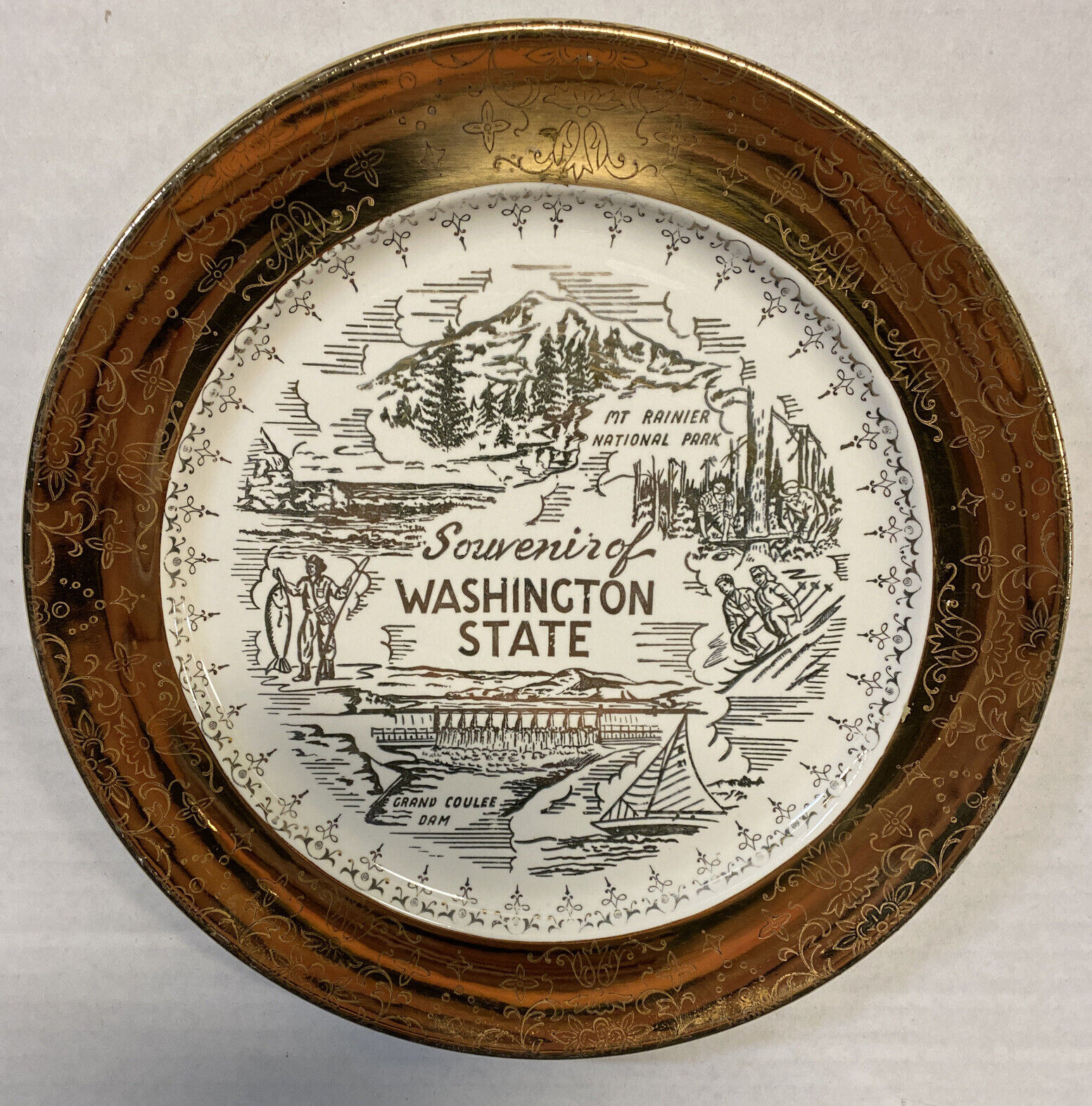 22K Washington State Souvenir Plate Mt Rainier Coulee Dam Sabin Crest-O-Gold