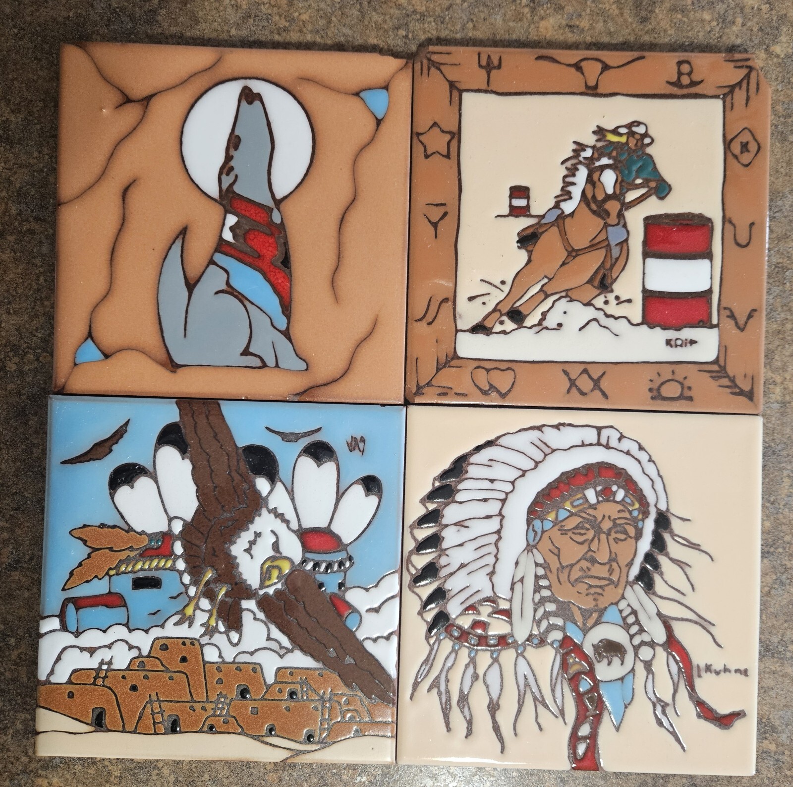4 Earthtones tiles 1995 Native American, Earth Dwellings, coyotes, barrel racing 4 Earthtones tiles 1995 Native American, Earth Dwellings, coyotes, barrel racing