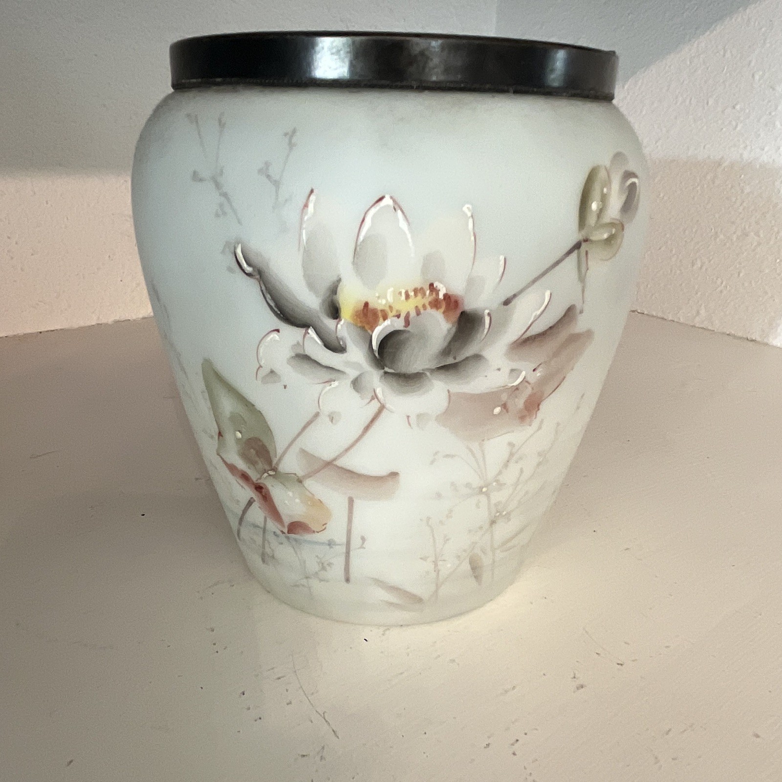 Mount Washington Opalwear Glass Bonbonnier Rose Vase with Silver-plated Collar Mount Washington Opalwear Glass Bonbonnier Rose Vase with Silver-plated Collar