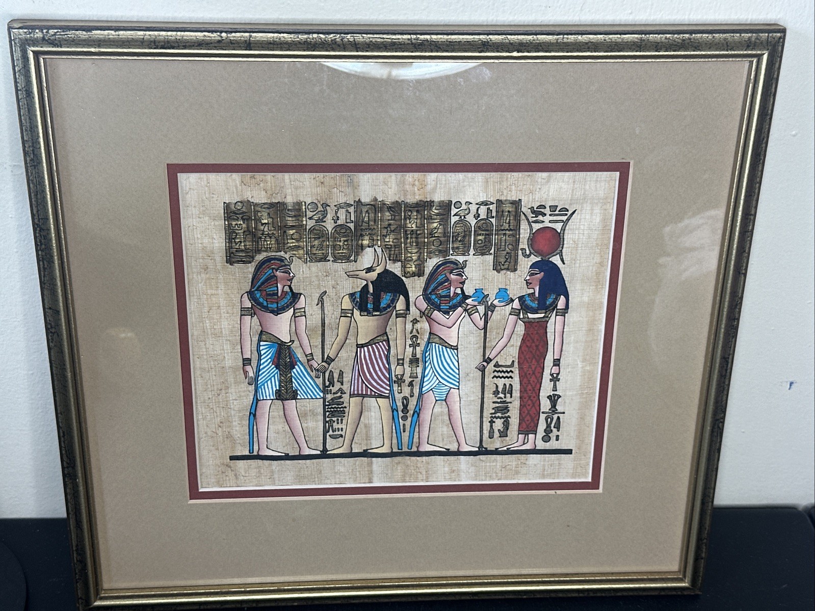 VTG Framed Hand Painted Egyptian Papyrus Art Ancient Gods Hieroglyphs 15”x13.5” VTG Framed Hand Painted Egyptian Papyrus Art Ancient Gods Hieroglyphs 15”x13.5”