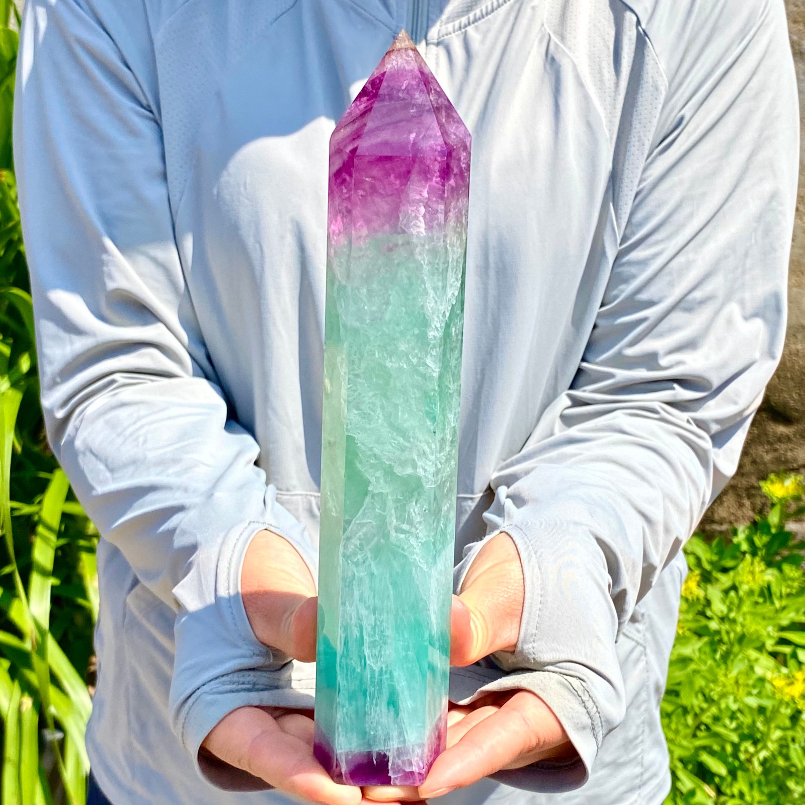 2.05LB Natural Rainbow Fluorite Obelisk Quartz Crystal Wand Tower Point Healing