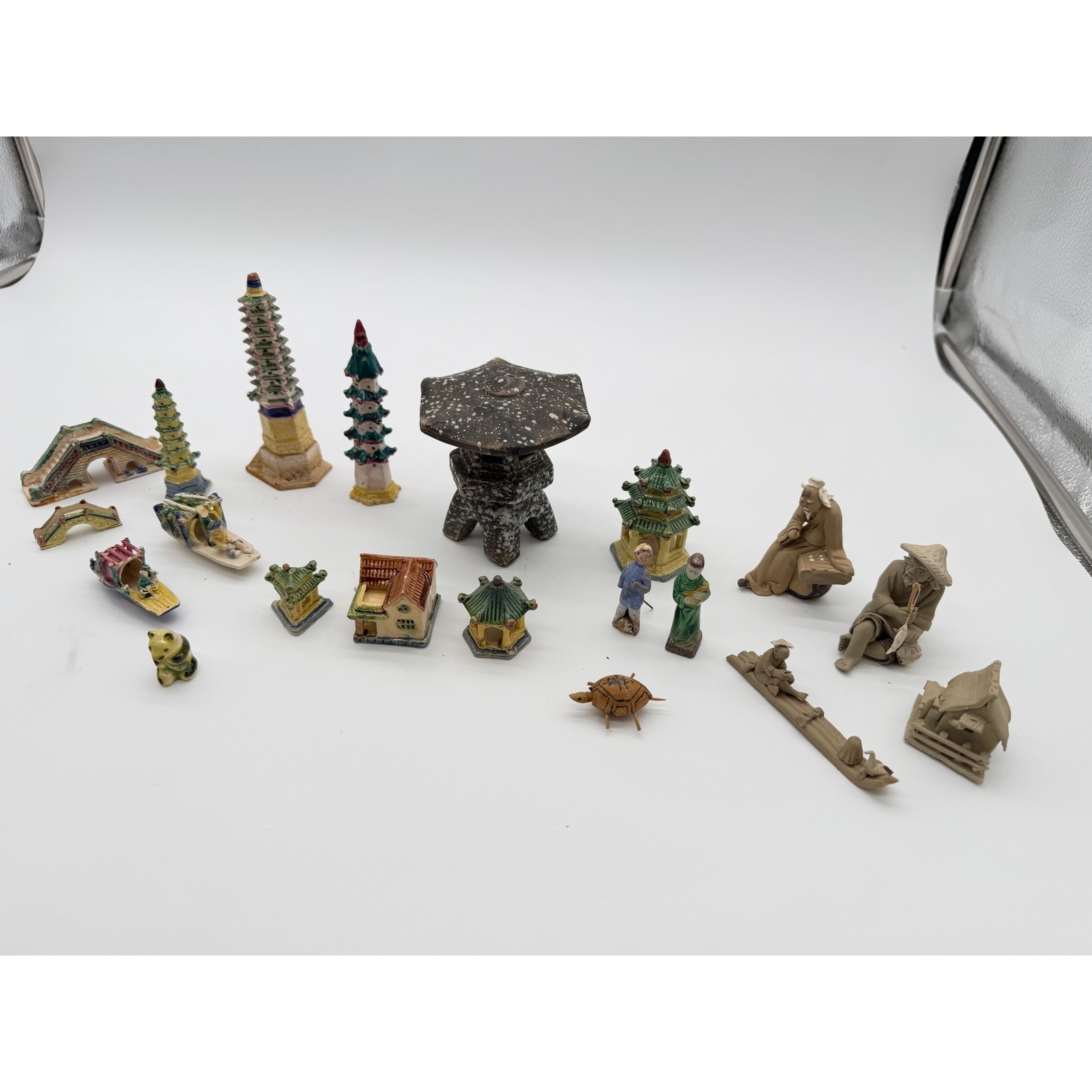 Vintage Chinese Mudman & Ceramic Glazed Figurines Bonsai Tree Decor Pagoda Lot Vintage Chinese Mudman & Ceramic Glazed Figurines Bonsai Tree Decor Pagoda Lot