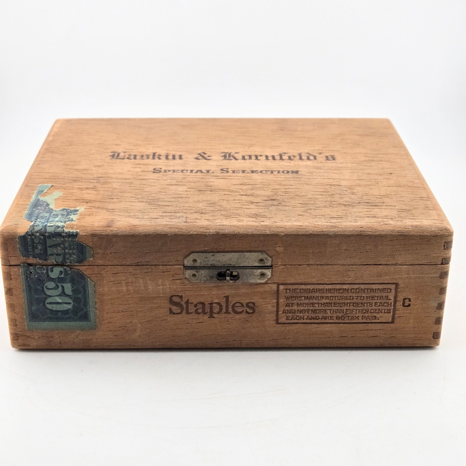 Laskin & Kornfeld Staples Vintage Wood Cigar Box Boite Nature NY Tax Stamp 50 Laskin & Kornfeld Staples Vintage Wood Cigar Box Boite Nature NY Tax Stamp 50