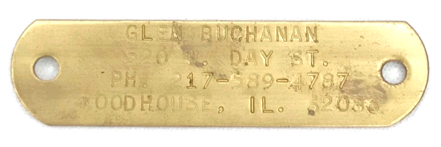 Vintage 1960s Brass Dog Tag Glen Buchanan Roodhouse Illinois Vintage 1960s Brass Dog Tag Glen Buchanan Roodhouse Illinois