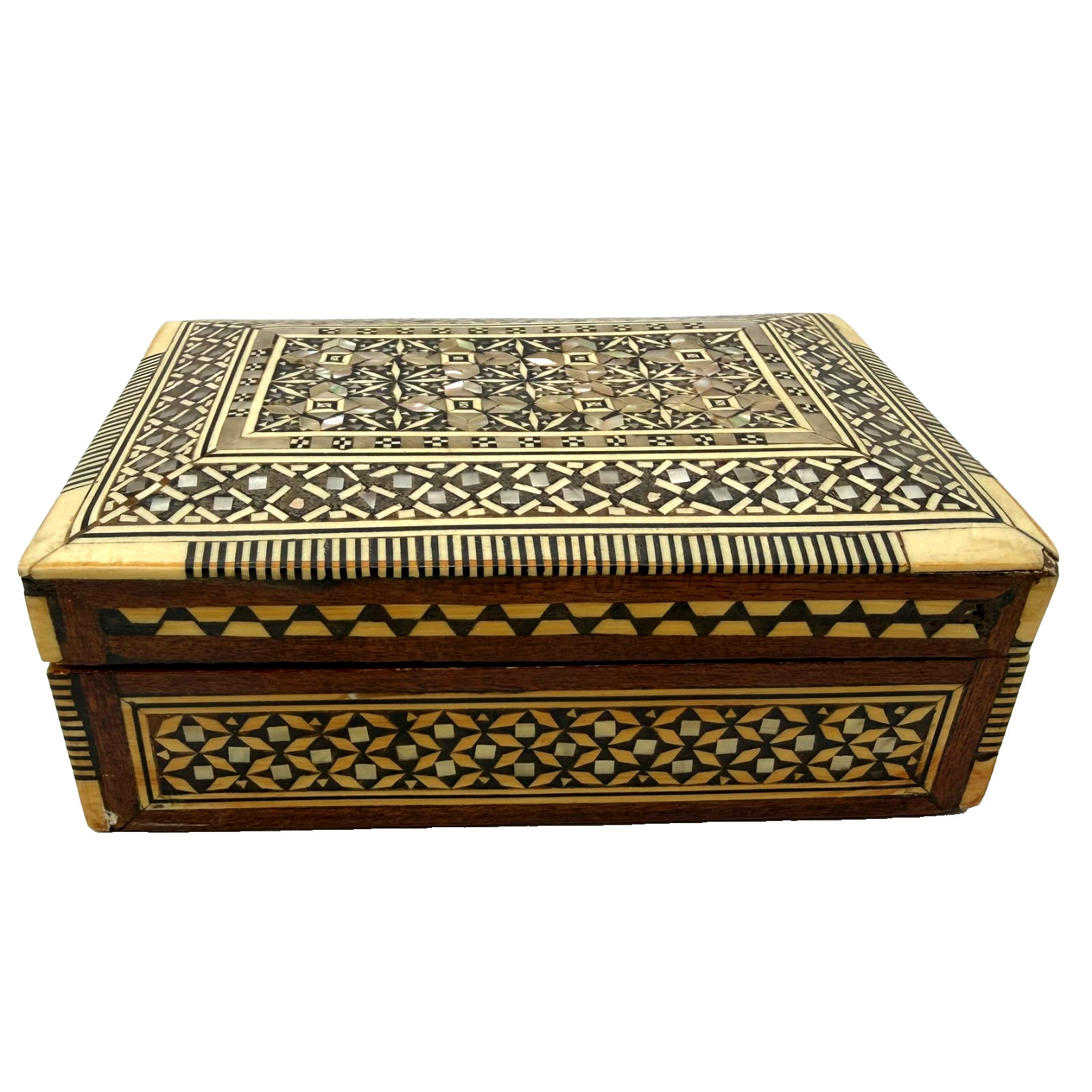 Vintage Khatam Marquetry Hinged Mosaic Mother of Pearl Inlay Wood Trinket Box