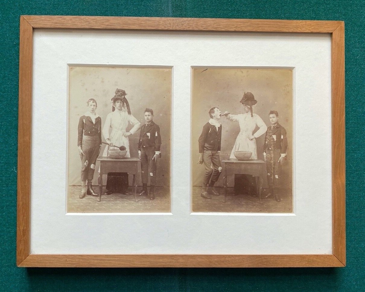 Antique Victorian Humour Cabinet Photos Kitchen Boy Wearing Bonnet in Drag Antique Victorian Humour Cabinet Photos Kitchen Boy Wearing Bonnet in Drag