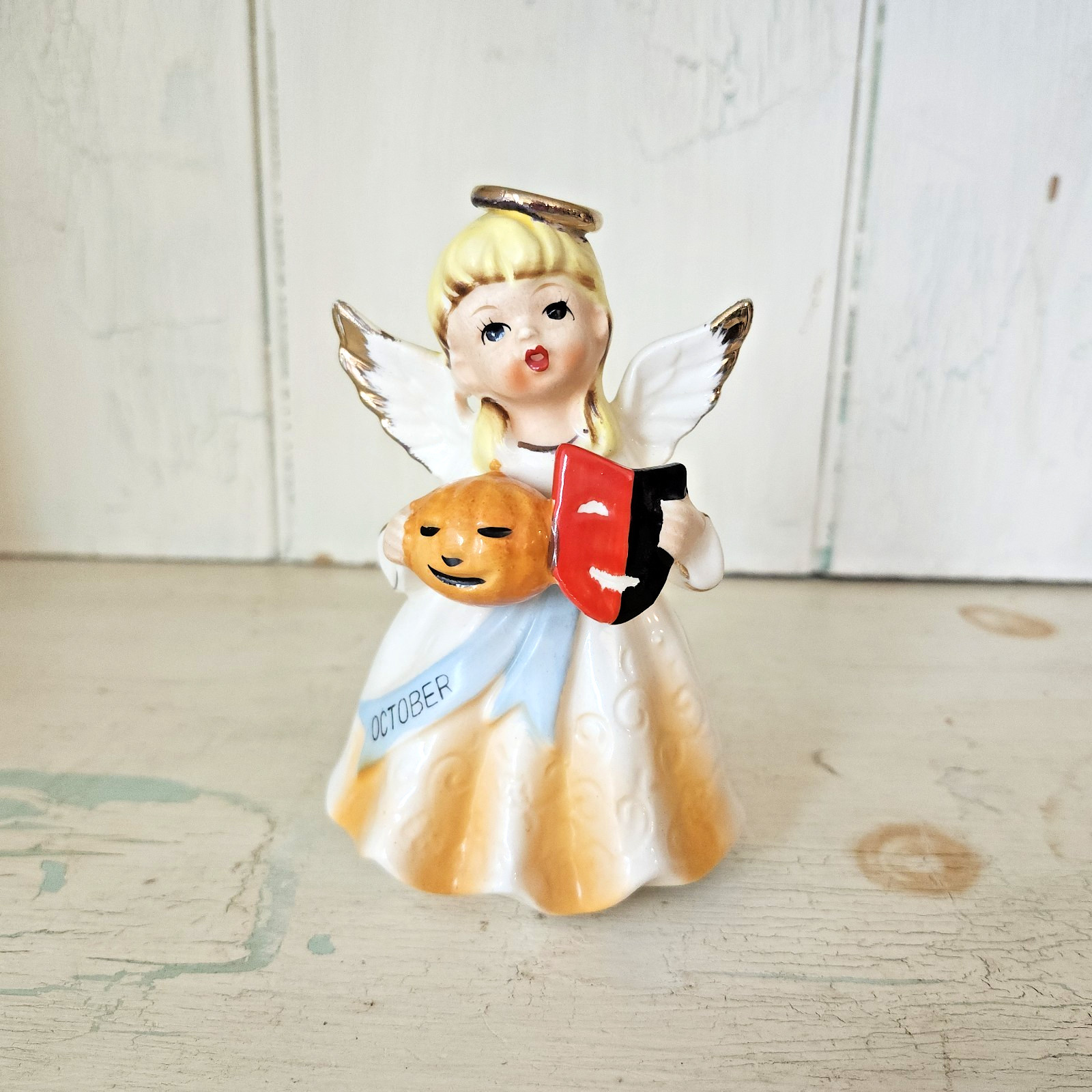 Vintage HALLOWEEN Porcelain OCTOBER Angel JAPAN Jack-o-lantern