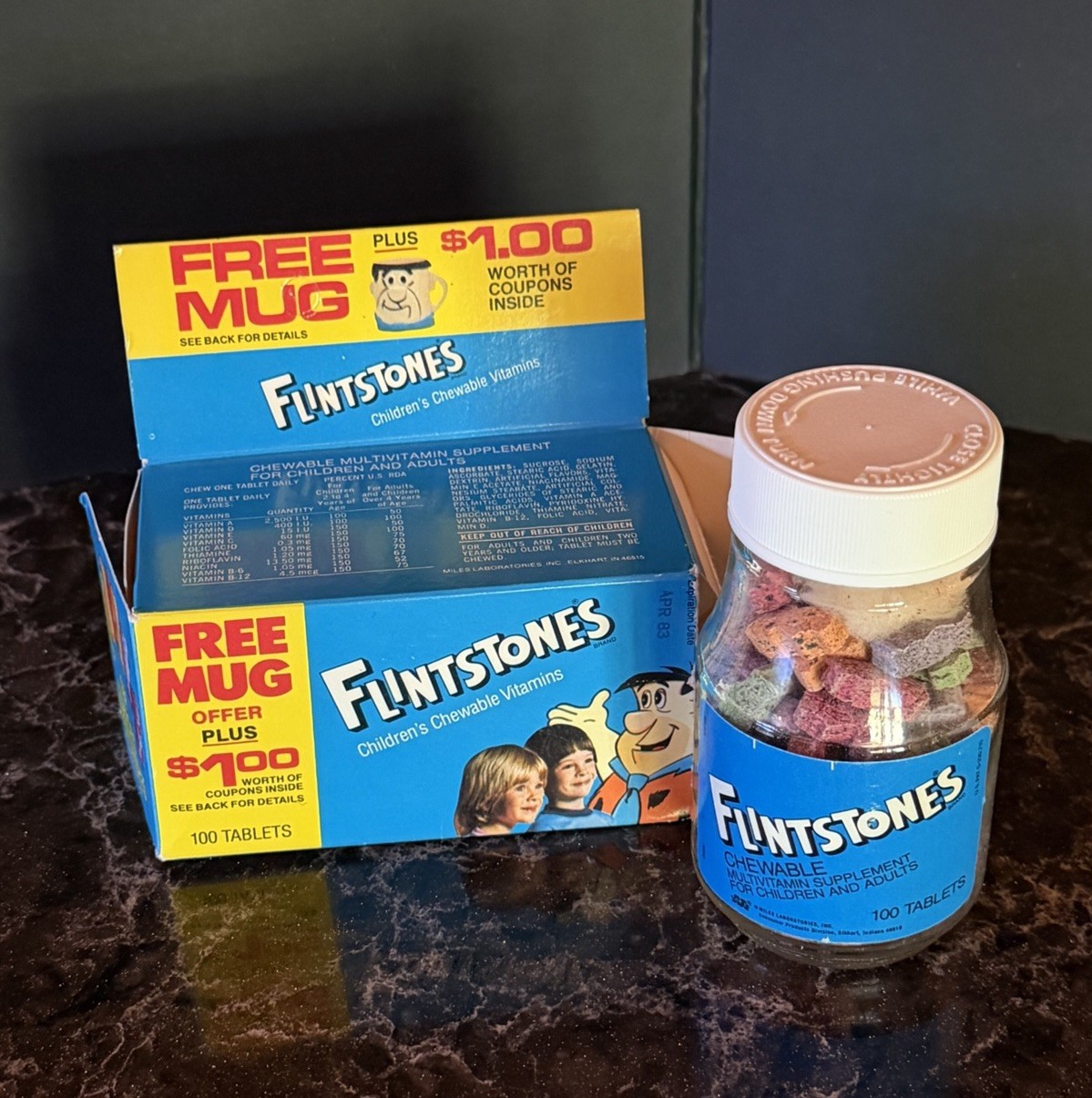 Vintage 1980\'s FLINTSTONES CHILDREN\'S VITAMINS Unopened Bottle w/ Box & Coupons Vintage 1980\'s FLINTSTONES CHILDREN\'S VITAMINS Unopened Bottle w/ Box & Coupons