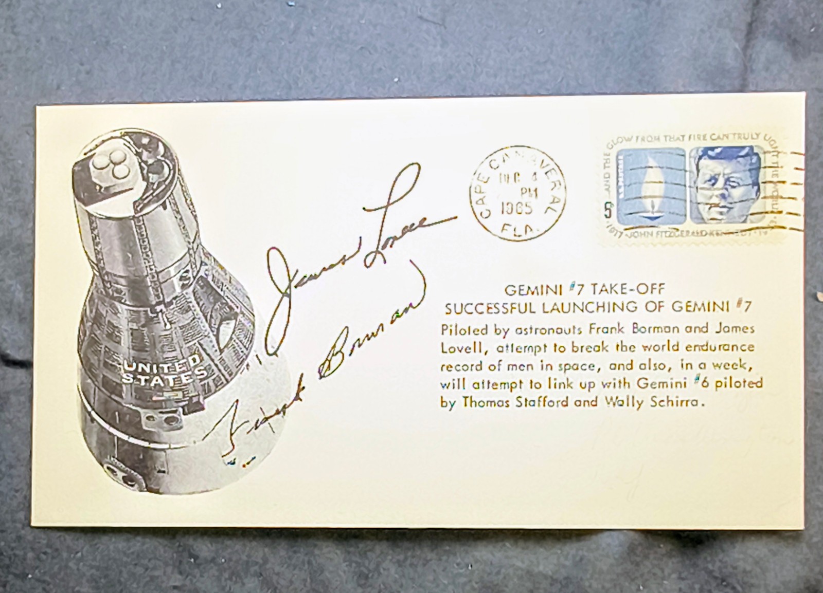 Gemini 7 Launch Cover Frank Borman Jim Lovell Signatures Cape Canaveral 1965