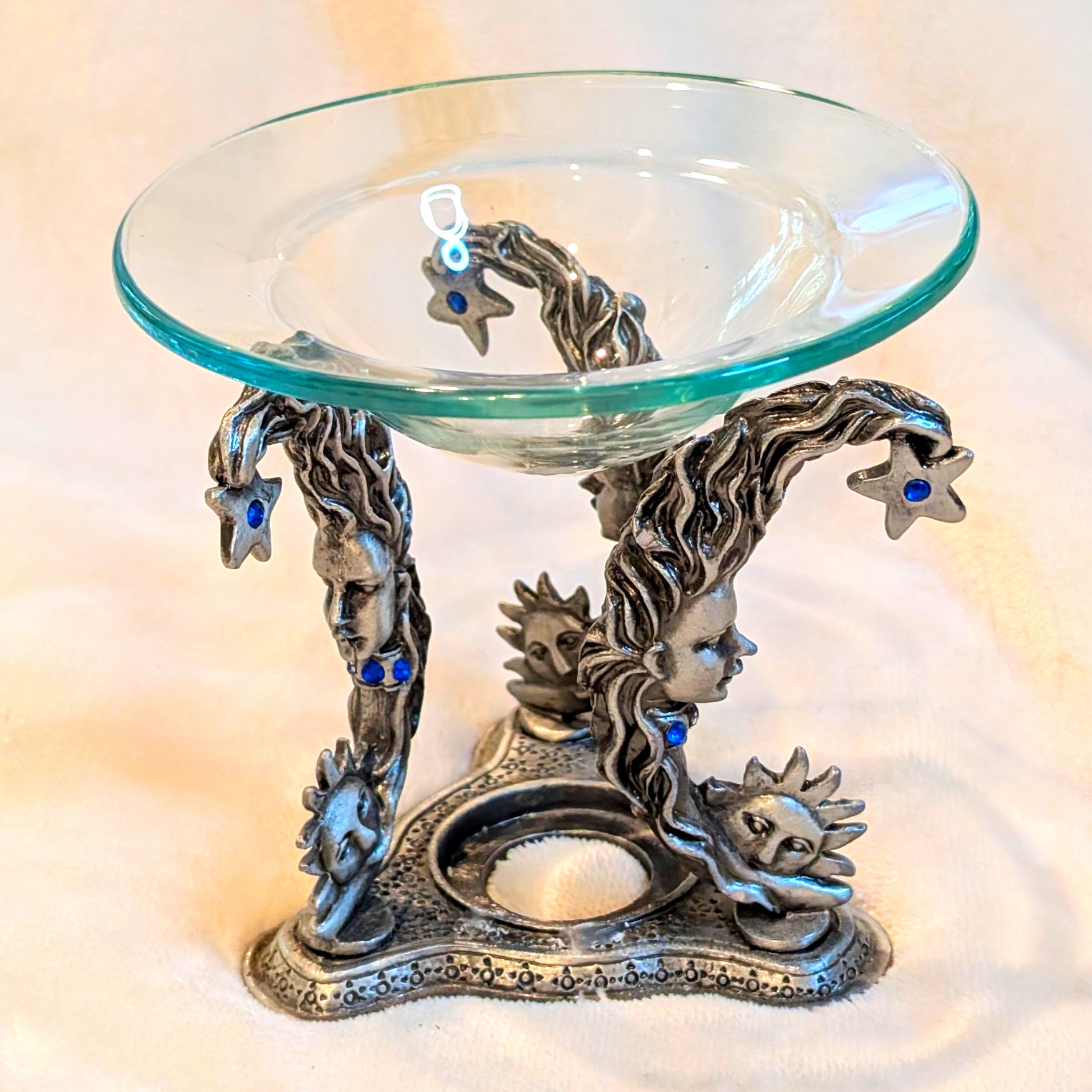 Vintage Y2K Celestial Pewter Oil Burner Candle Holder Sun Moon Blue Crystals Vintage Y2K Celestial Pewter Oil Burner Candle Holder Sun Moon Blue Crystals