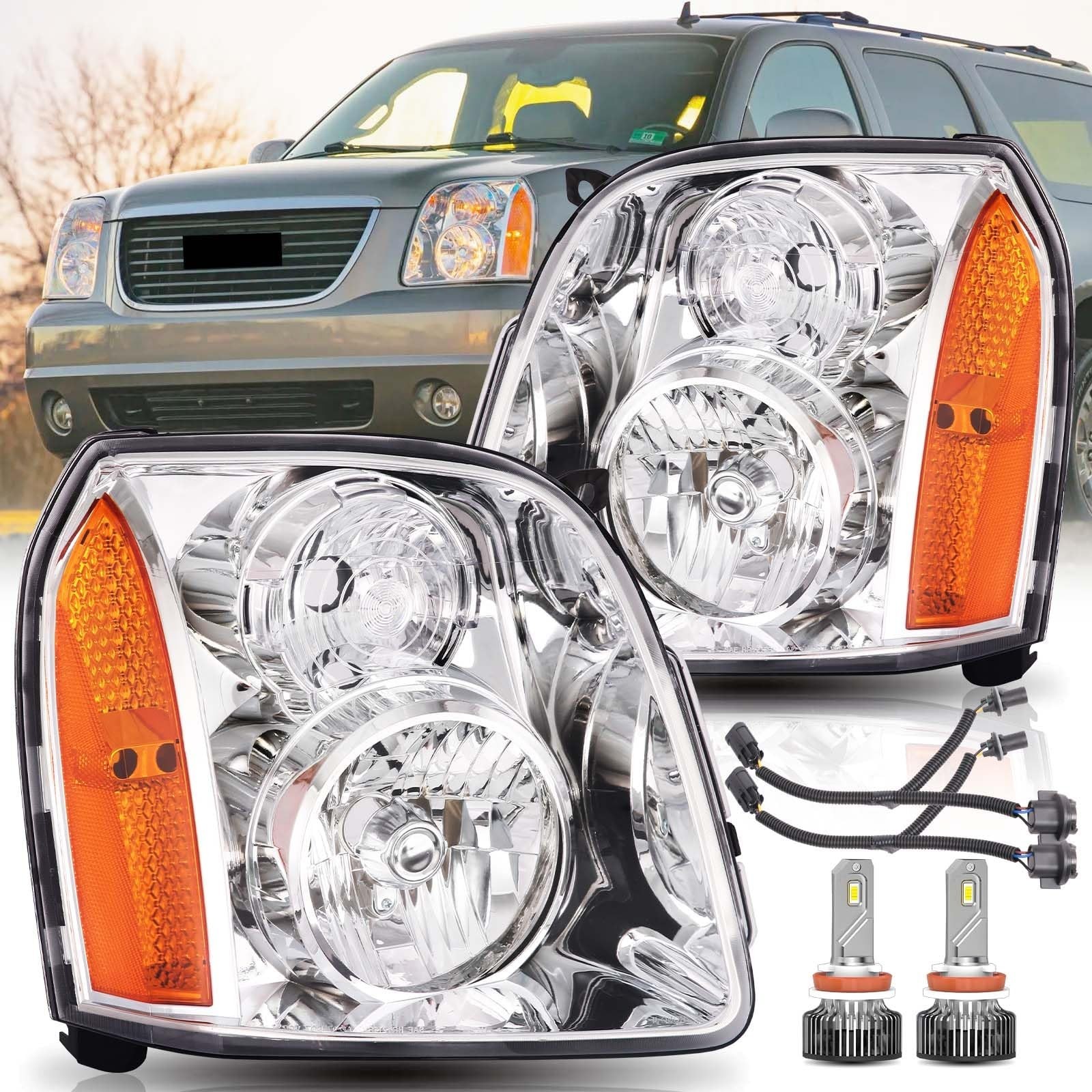 Headlight Assembly for 2007-2014 GMC Yukon XL 1500 2500 Hybrid Chrome Amber Headlight Assembly for 2007-2014 GMC Yukon XL 1500 2500 Hybrid Chrome Amber