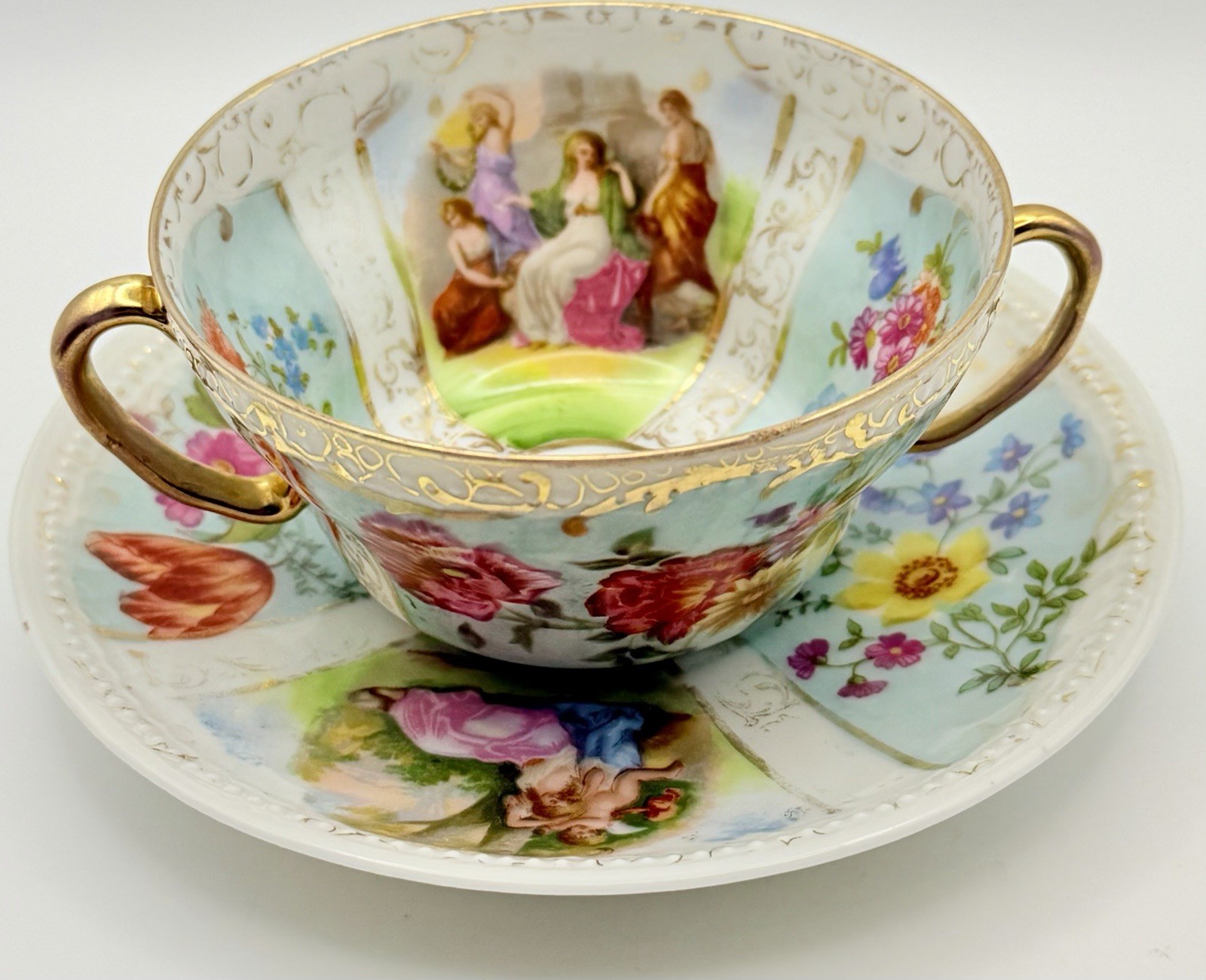 Antique Austria Dresden Style Watteau Florals Panels Gold Cup & Saucer c.1875 Antique Austria Dresden Style Watteau Florals Panels Gold Cup & Saucer c.1875