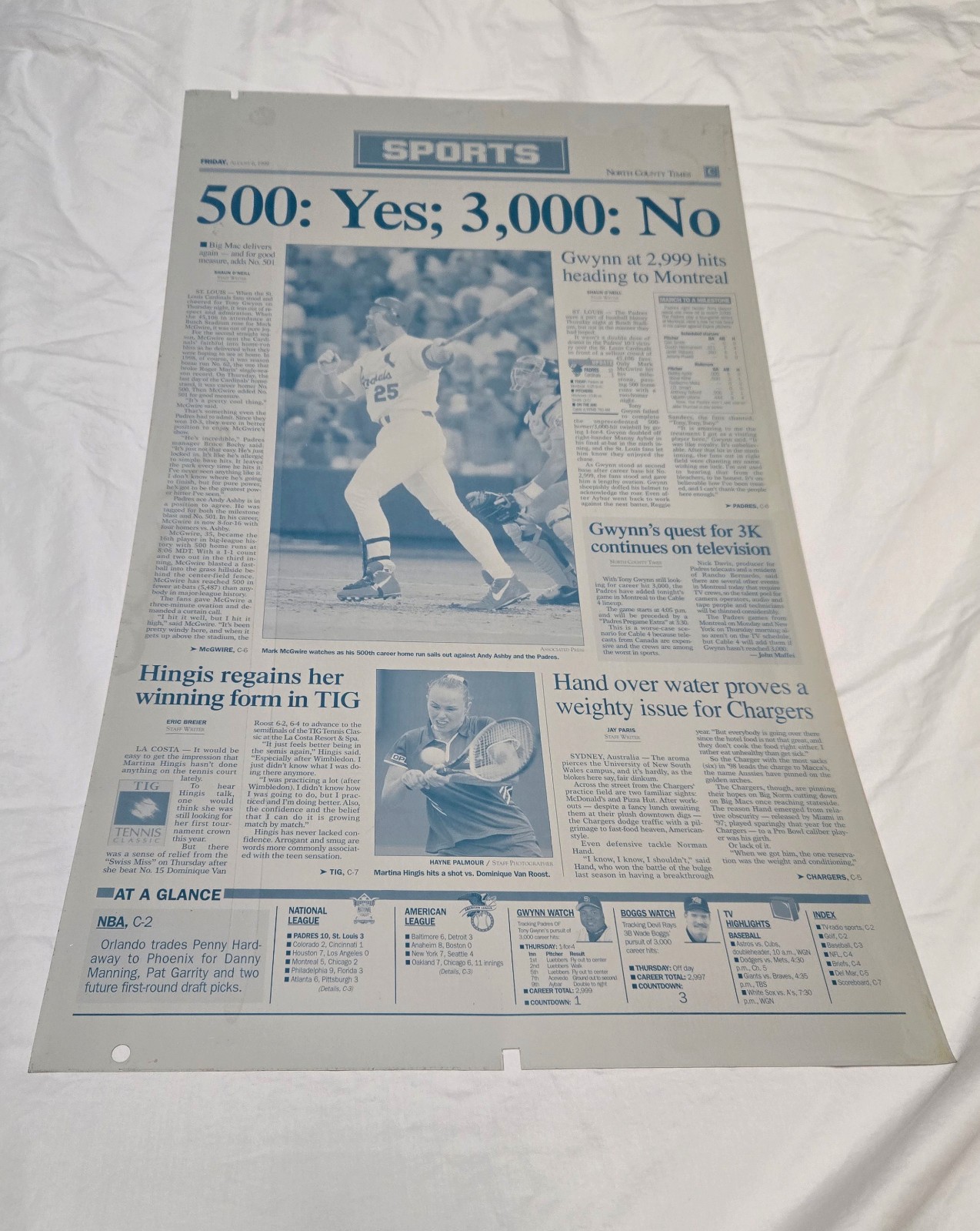 Mark McGwire 500 Home Run / Tony Gwynn / Martina Hingis Newspaper Printing Plate Mark McGwire 500 Home Run / Tony Gwynn / Martina Hingis Newspaper Printing Plate