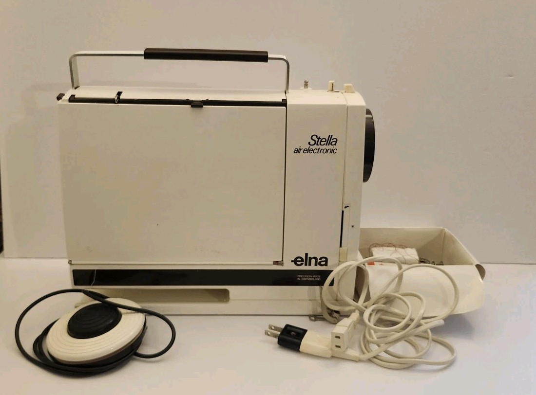 Vintage Elna Stella Air Electronic Sewing Machine w FtCon, Access - Original Box Vintage Elna Stella Air Electronic Sewing Machine w FtCon, Access - Original Box