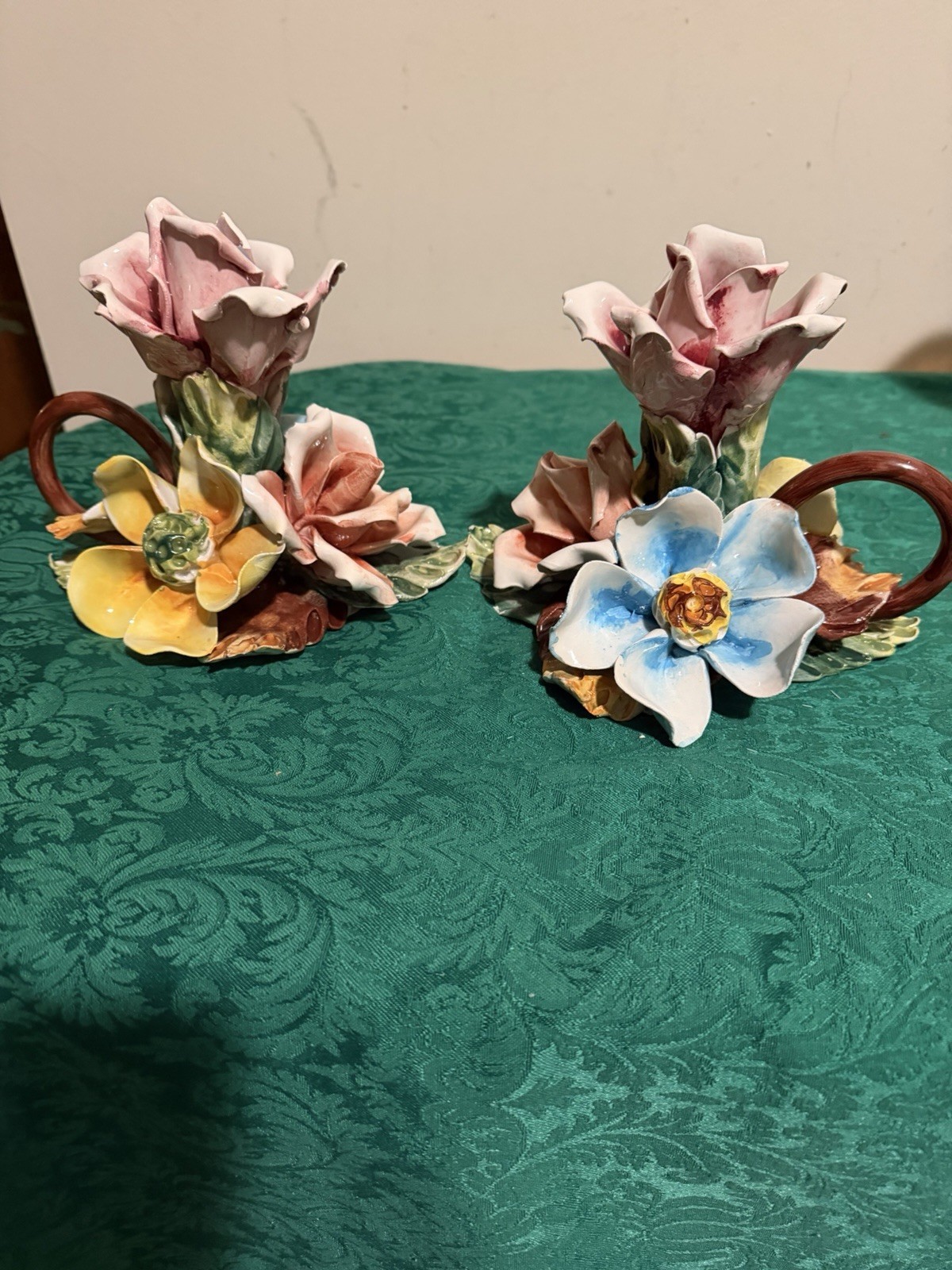 Vtg. PAIR RARE Porcelain Candle Holders in Bed of Tulips Royal Capodimonte~Italy