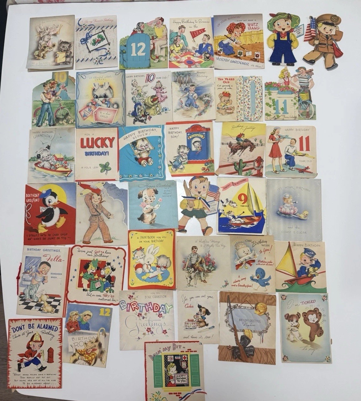 Vintage 1940-45 WWII Birthday Greeting Card Lot 45+ Kids Animal Die Cut Ephemera