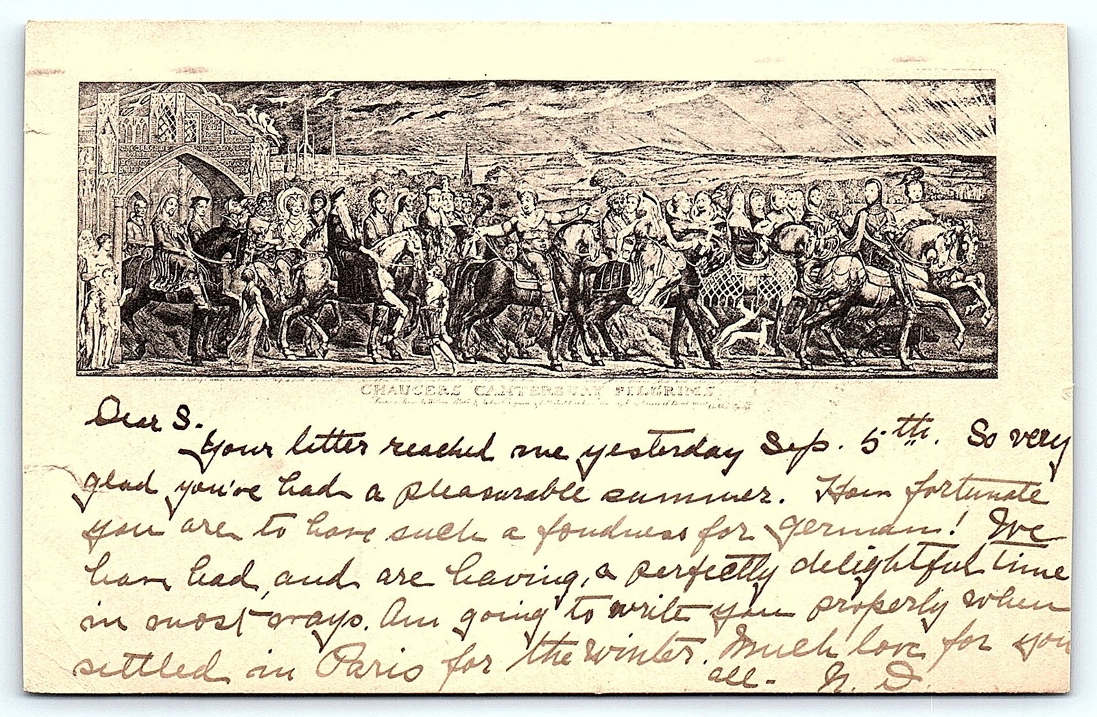 19th C. French postcard, Calais postmark, historical art 19th C. French postcard, Calais postmark, historical art