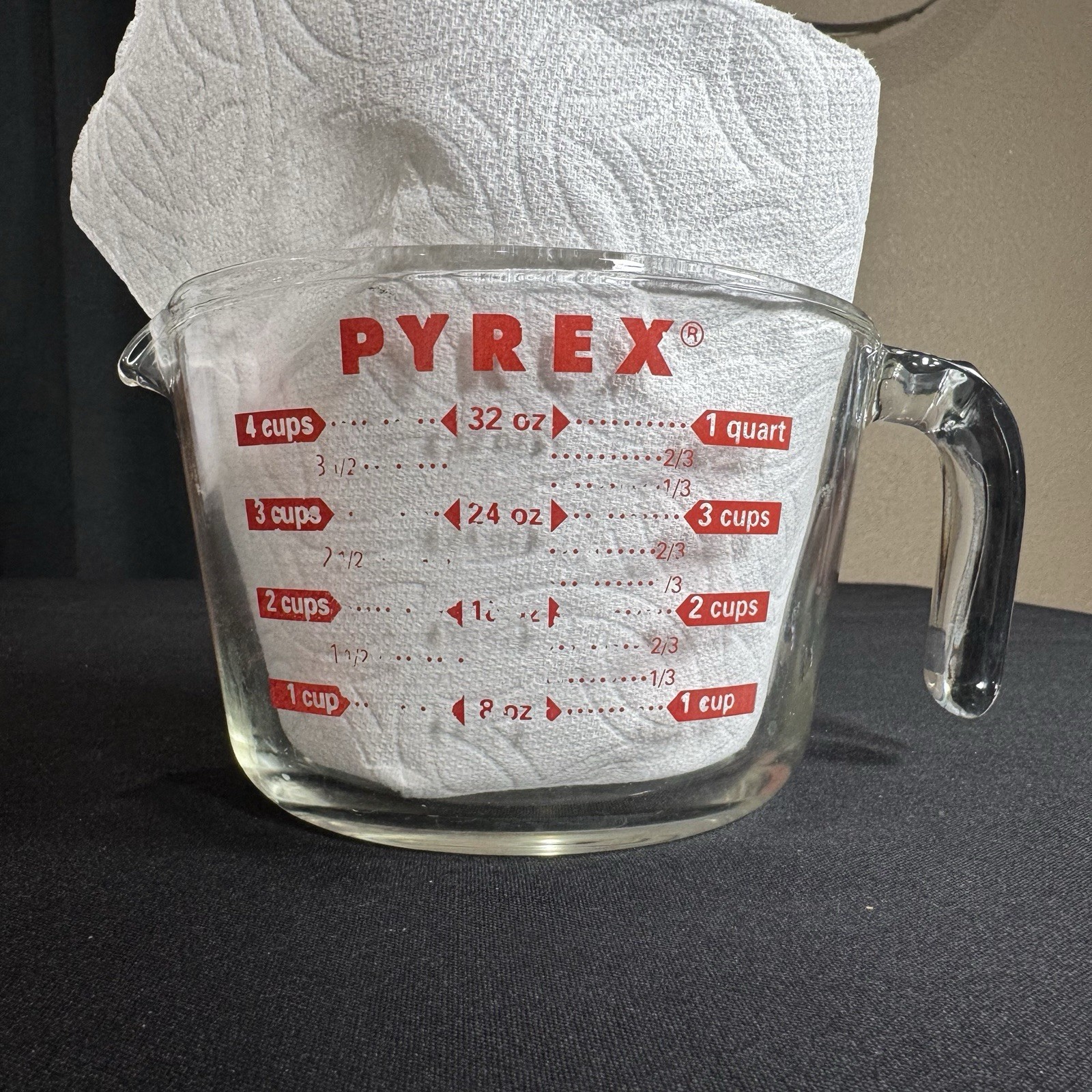 Vintage PYREX Glass Liquid 1 Quart 4 Cup Measuring Red Capital Lettering Vintage PYREX Glass Liquid 1 Quart 4 Cup Measuring Red Capital Lettering