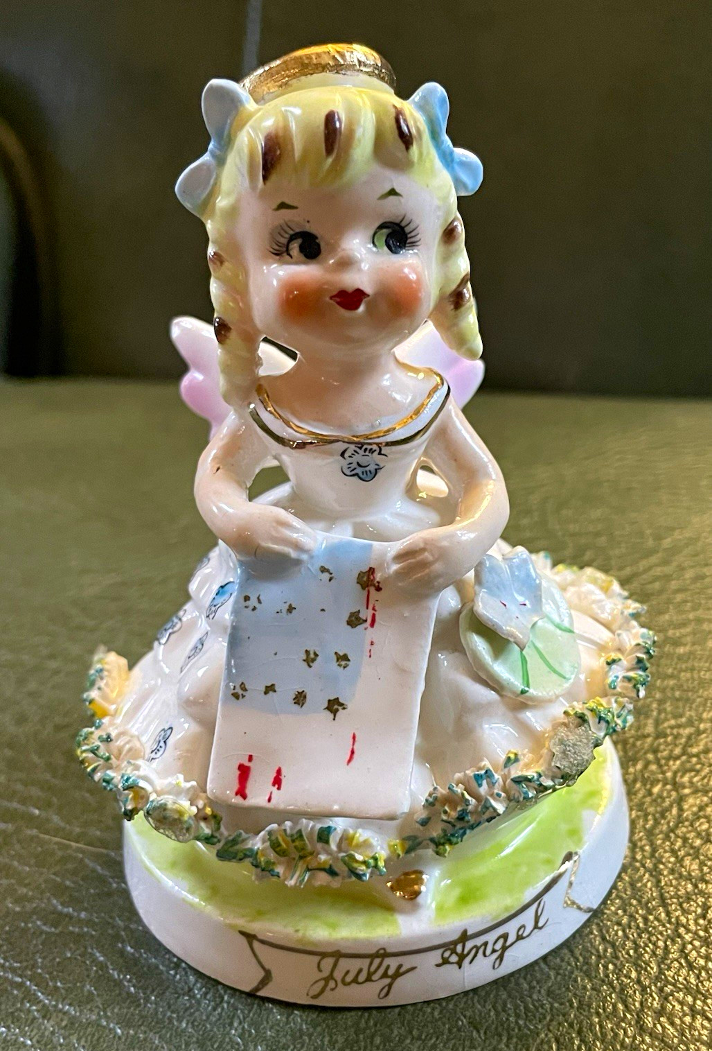 Vintage 1950s July Birthday Angel – Water Lily & Summer Scroll – (READ) Vintage 1950s July Birthday Angel – Water Lily & Summer Scroll – (READ)