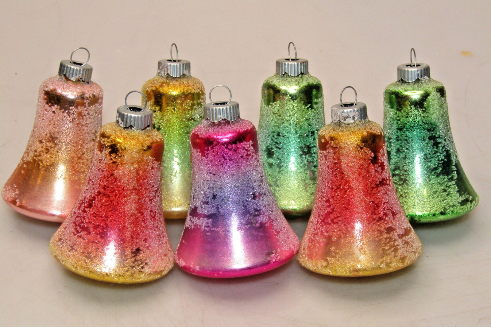 Lot 7 Vintage 50's Glass Sugared Ombre BELL Christmas Ornament Shiny Brite