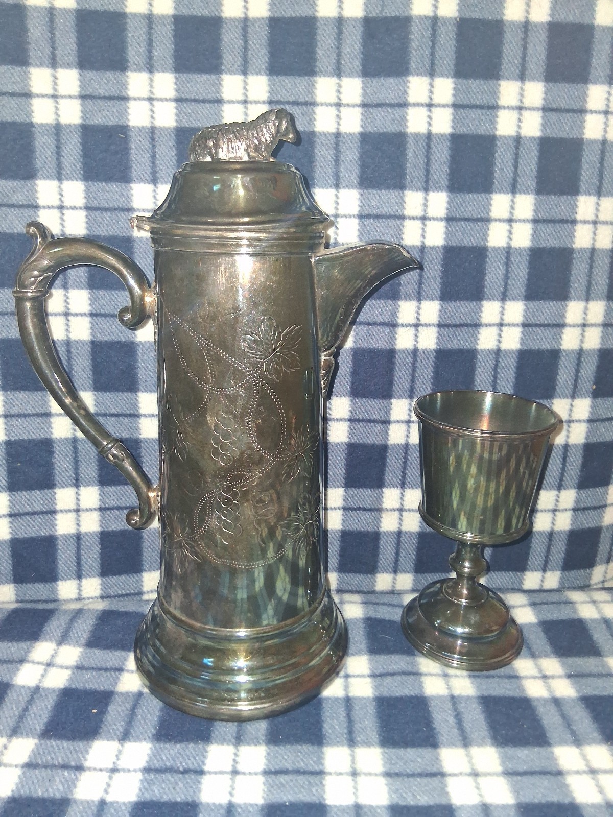 One Antique W & E Schmidt Communion Flagon and One Antique Pewter Goblet One Antique W & E Schmidt Communion Flagon and One Antique Pewter Goblet