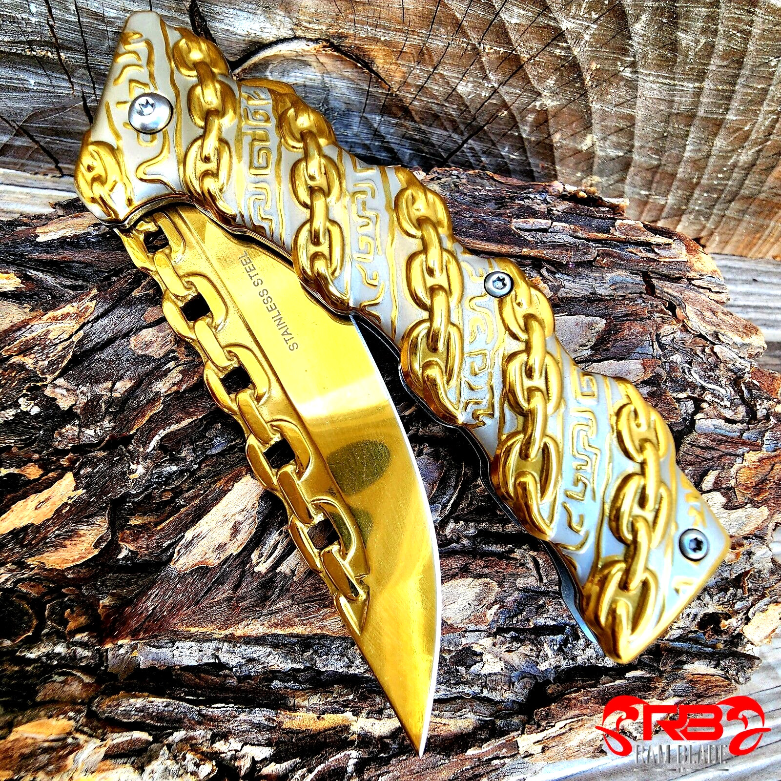 8” Gold Chain Tactical Spring Assisted Open Blade Folding Pocket Knife Survival
