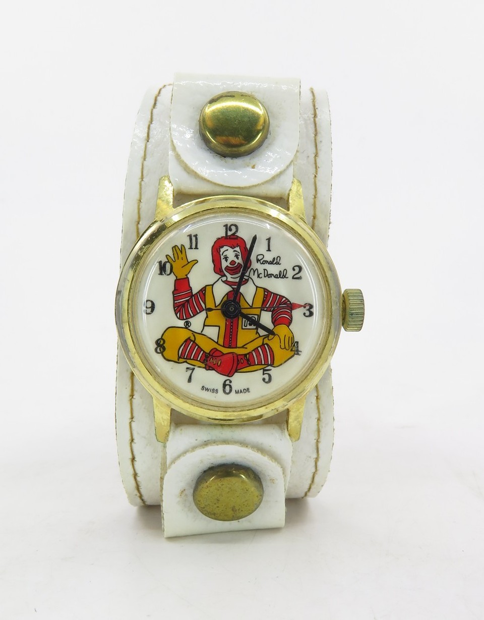 Vintage c1970s Ronald McDonald Swiss Wristwatch Leather Band in Promo Case Vintage c1970s Ronald McDonald Swiss Wristwatch Leather Band in Promo Case