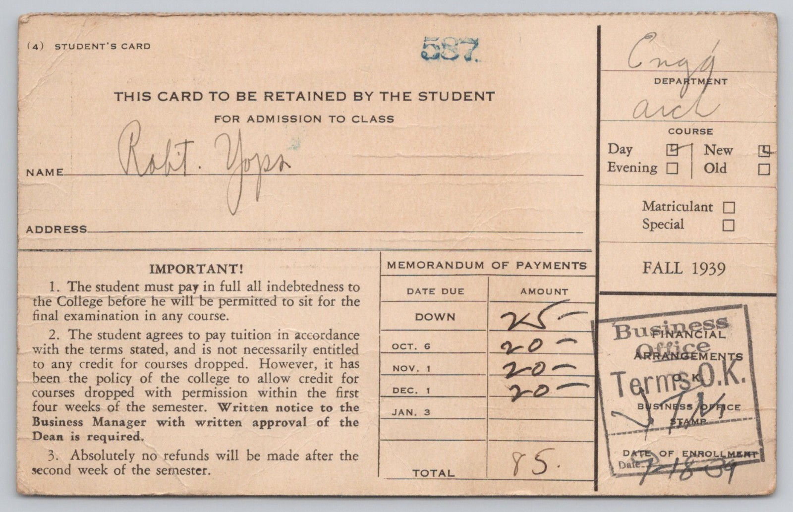1939 College Admission Bill, 7 Classes 1939 College Admission Bill, 7 Classes