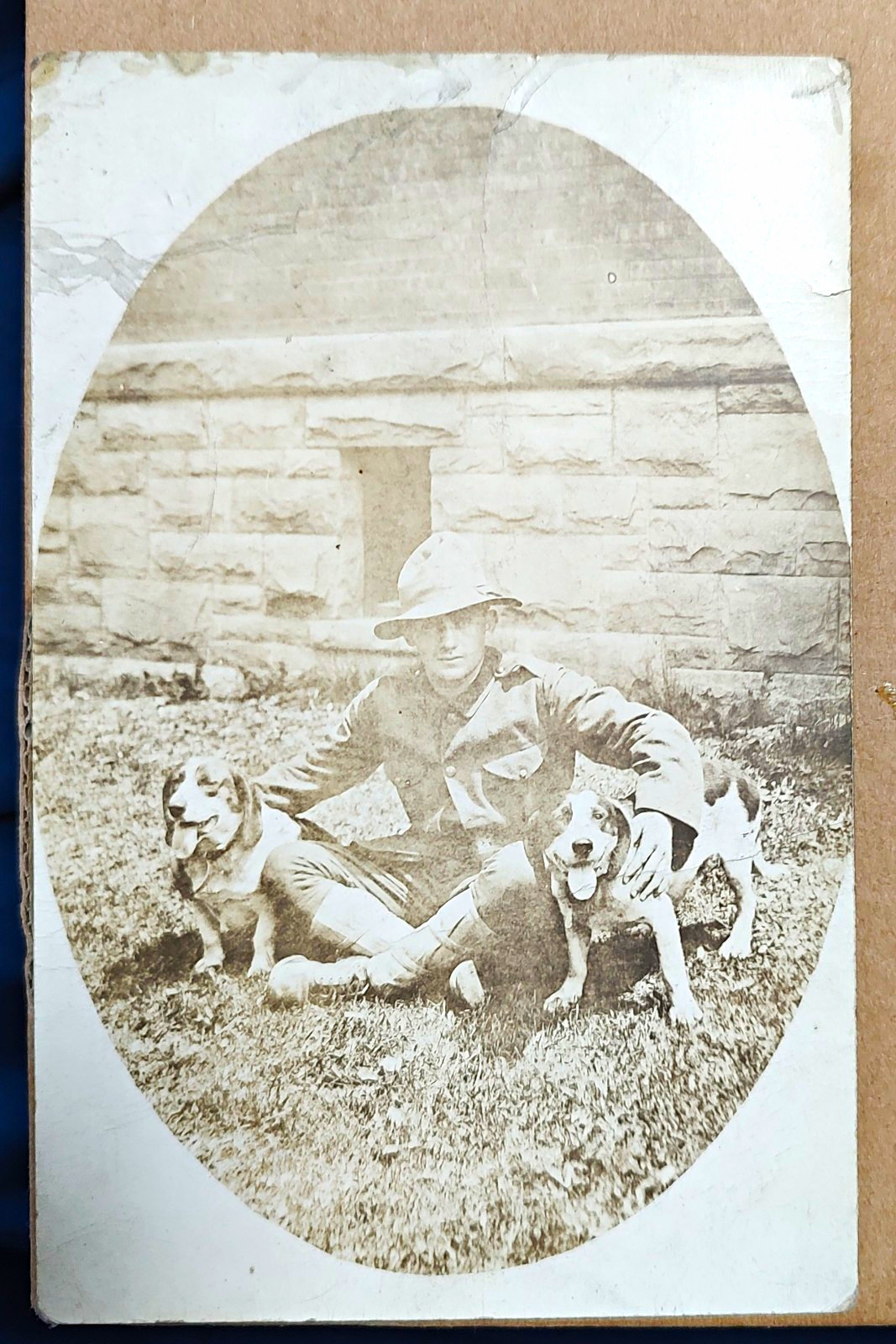 Black & White Photo Postcard Portrait of Man Sitting With Two Dogs.....P36