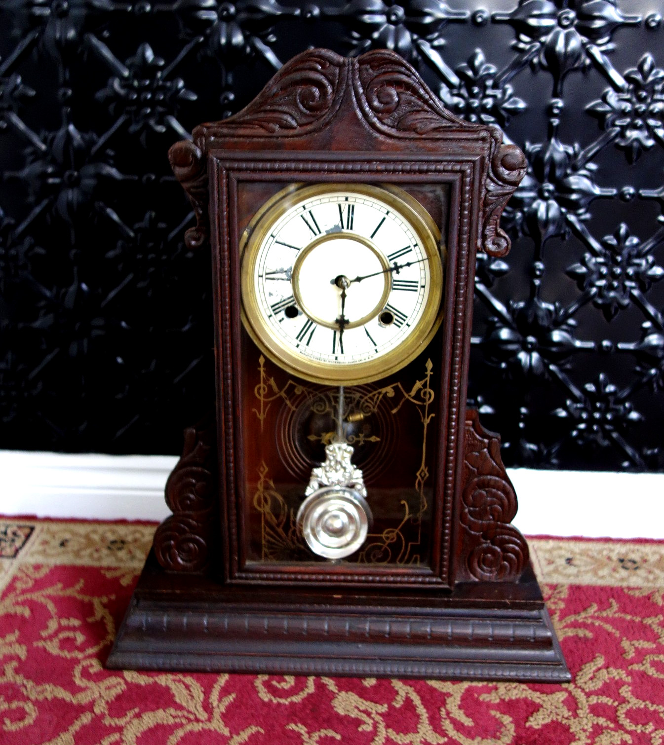 Antique Waterbury USA Walnut Mantle Clock + Waterbury Clock Book (optional)
