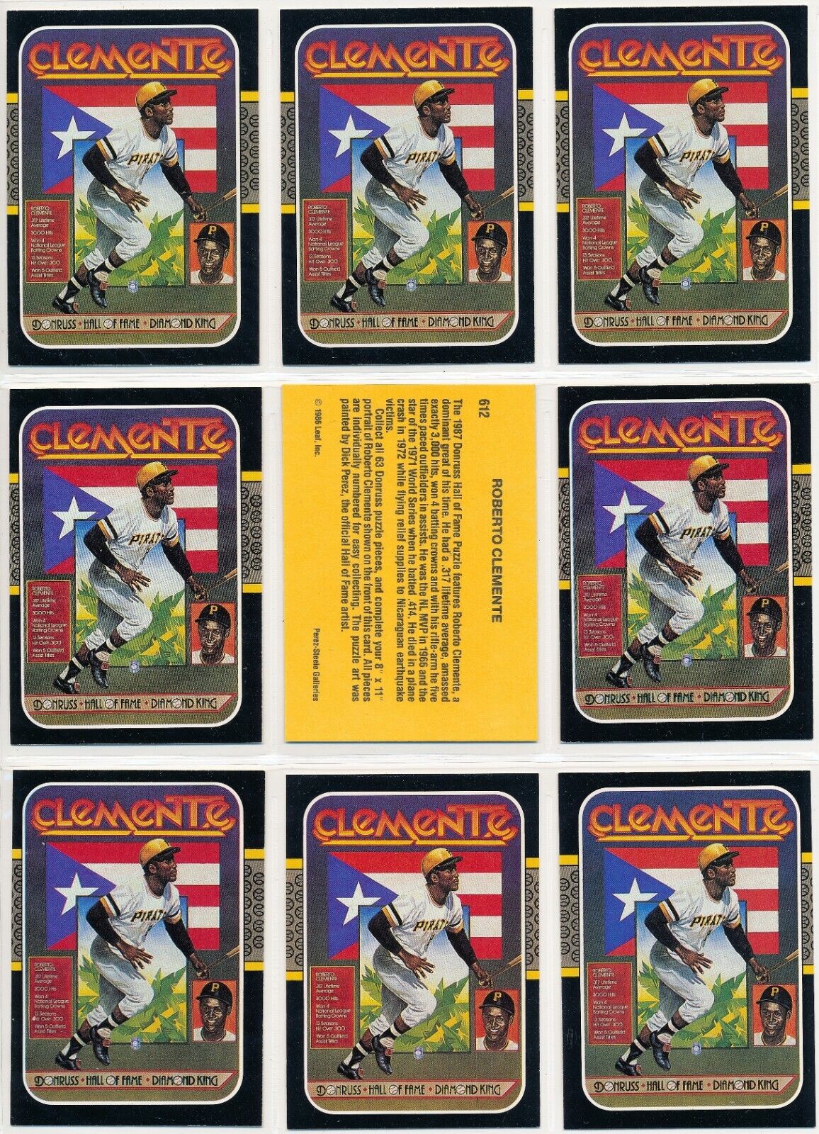 1986 DONRUSS LEAF MLB BASEBALL ROBERTO CLEMENTE #612 LOT OF (9) CARDS