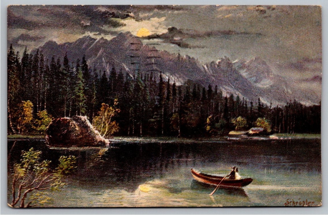 1909 Moonlight Lake Mountain Boat Night Scene German Art Series Postcard 1909 Moonlight Lake Mountain Boat Night Scene German Art Series Postcard