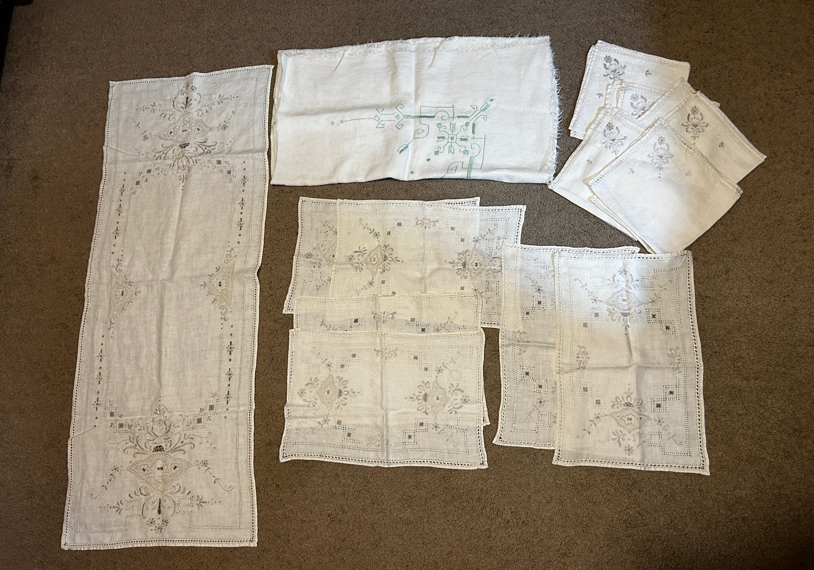 Vintage Embroidered Table Linens 13PC Set Needlework Doilies Runner Tablecloth