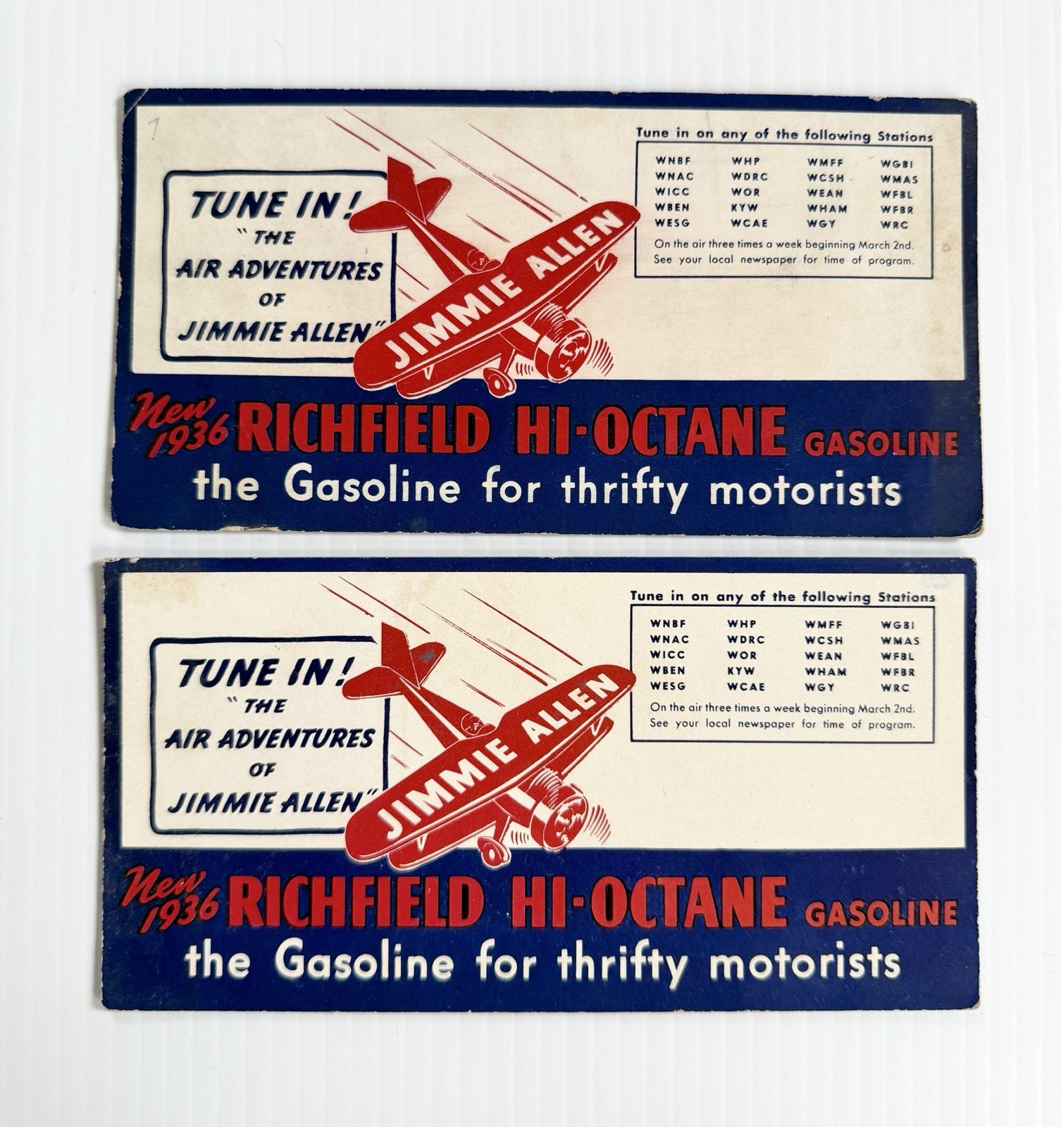 2 Vtg 1936 Richfield Hi-Octane Gas Jimmie Allen Radio Show Advertising Blotters 2 Vtg 1936 Richfield Hi-Octane Gas Jimmie Allen Radio Show Advertising Blotters