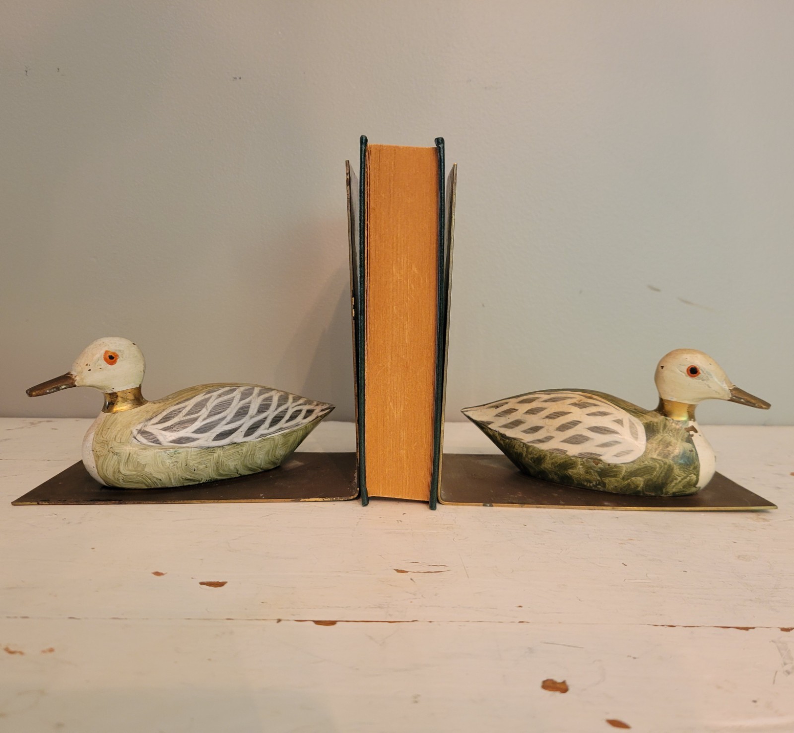 Antique Hand Painted Metal Duck Bookends With Heavy Brass Base Unique Vintage Antique Hand Painted Metal Duck Bookends With Heavy Brass Base Unique Vintage