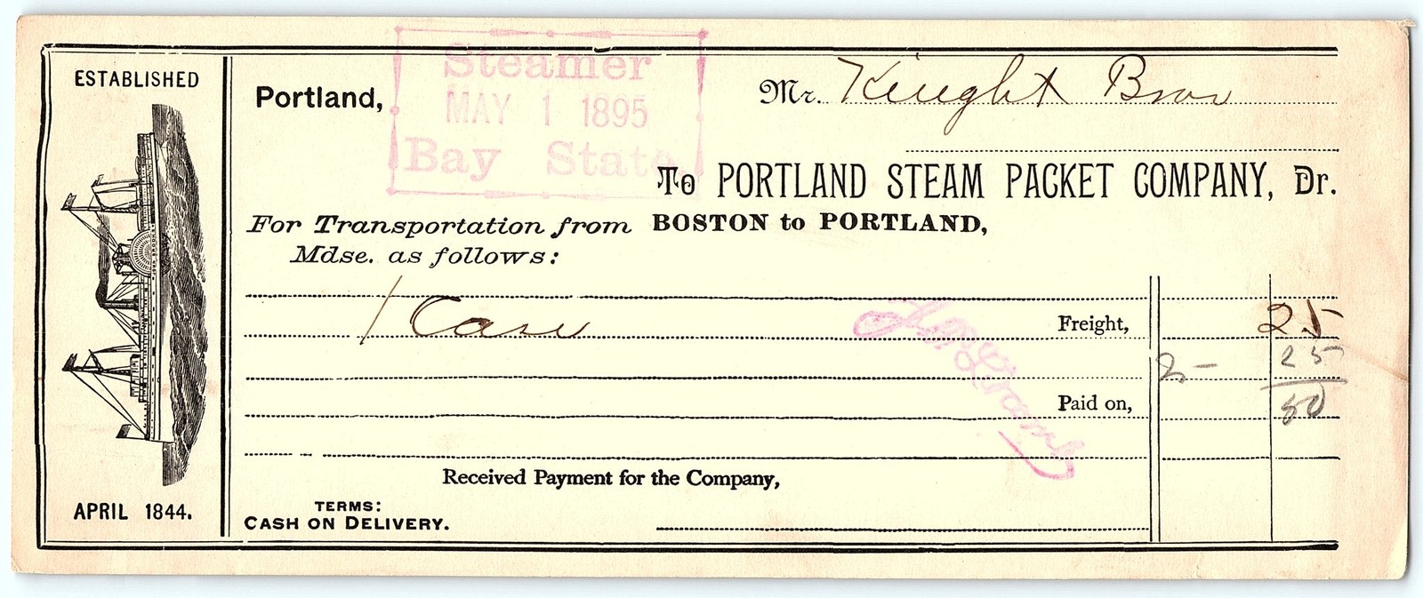 1895 Portland Steam Packet Co. billhead w/steamboat 1895 Portland Steam Packet Co. billhead w/steamboat