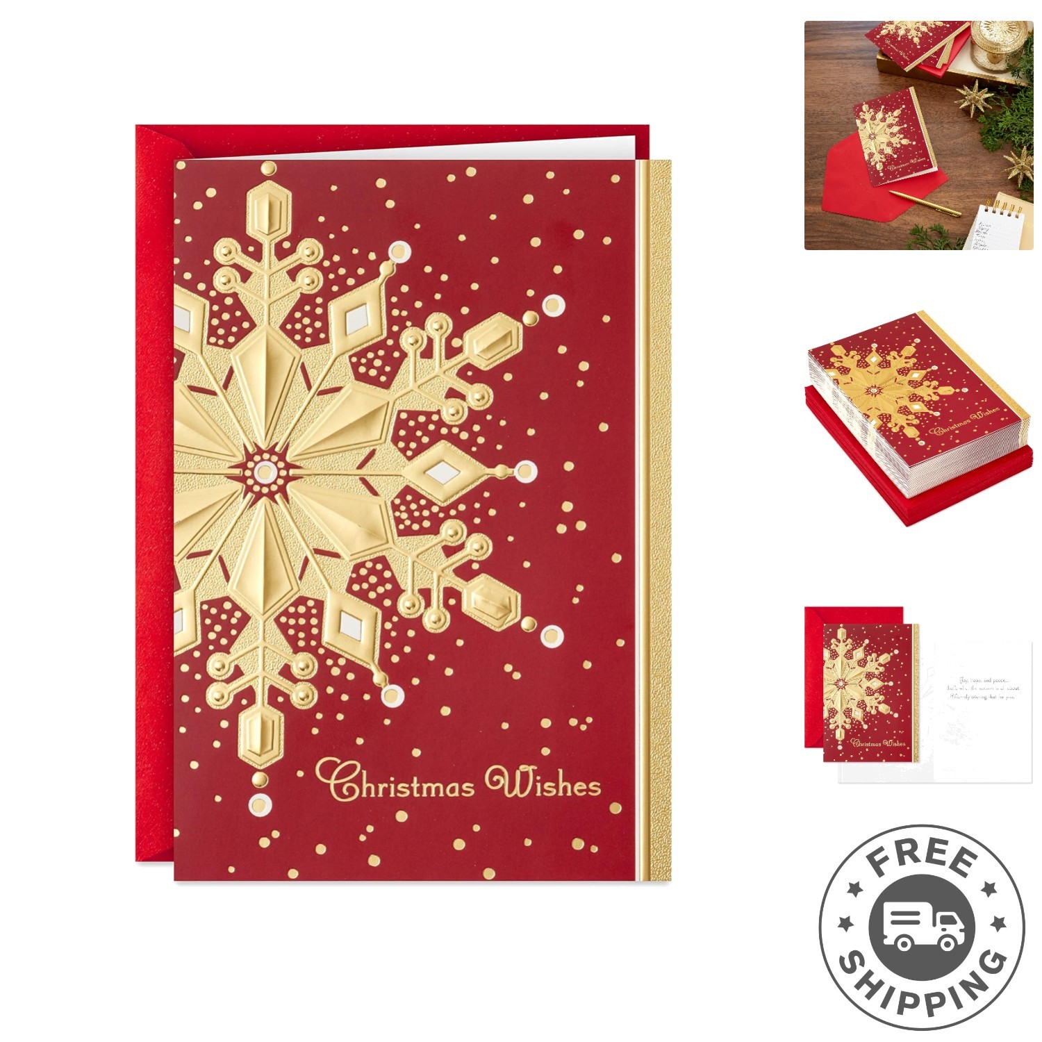 40 Elegant Red and Gold Snowflake Christmas Cards with Envelopes - Holiday Cheer