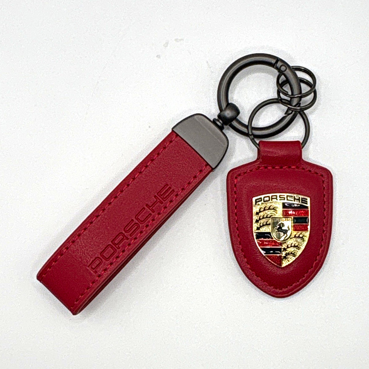 NEW - Leather Custom Red Porsche Crest Emblem Car Key Chain Key Ring Holder Gift NEW - Leather Custom Red Porsche Crest Emblem Car Key Chain Key Ring Holder Gift
