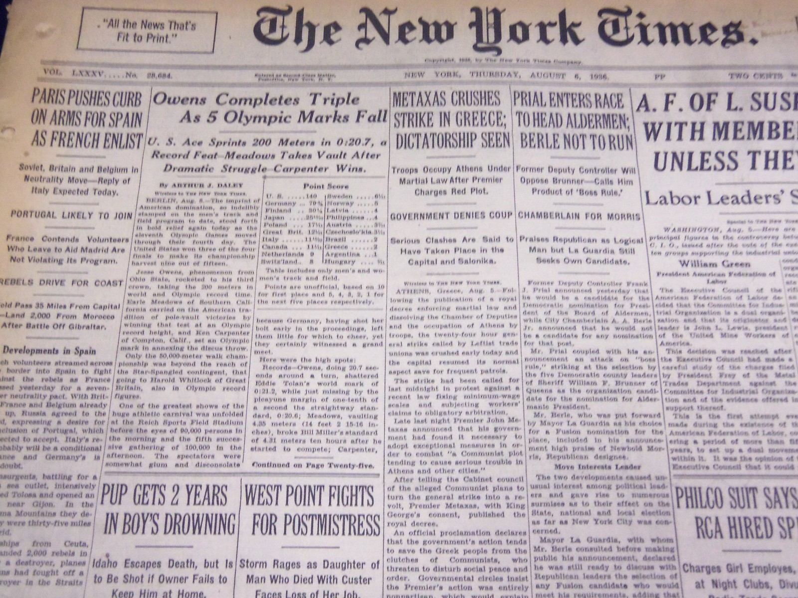 1935 AUG 6 NEW YORK TIMES - OWENS COMPLETES TRIPLE, 5 MARKS FALL - NT 1931 1935 AUG 6 NEW YORK TIMES - OWENS COMPLETES TRIPLE, 5 MARKS FALL - NT 1931