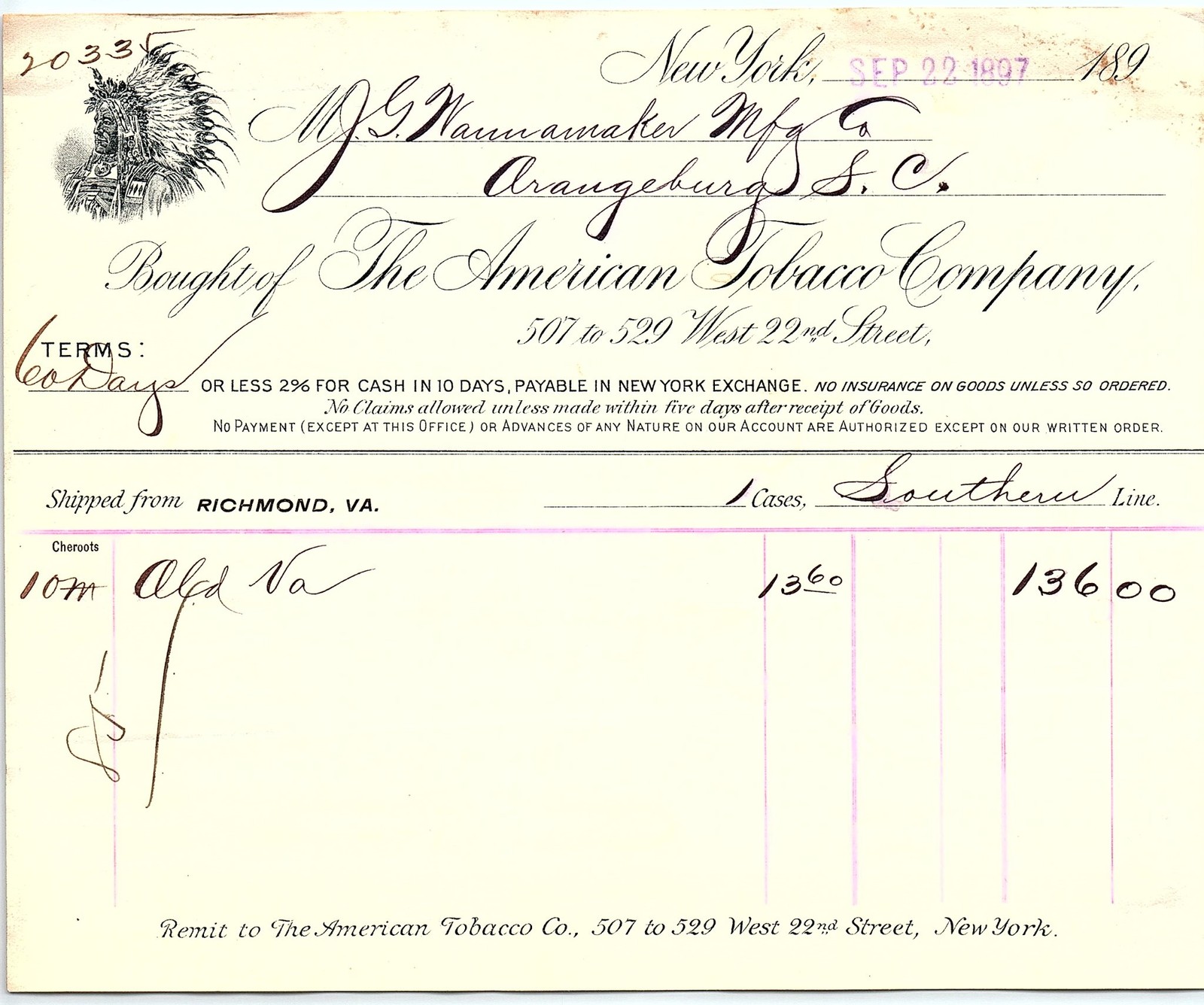 1907 Vintage American Tobacco billhead, Haunmaker, Native Am 1907 Vintage American Tobacco billhead, Haunmaker, Native Am
