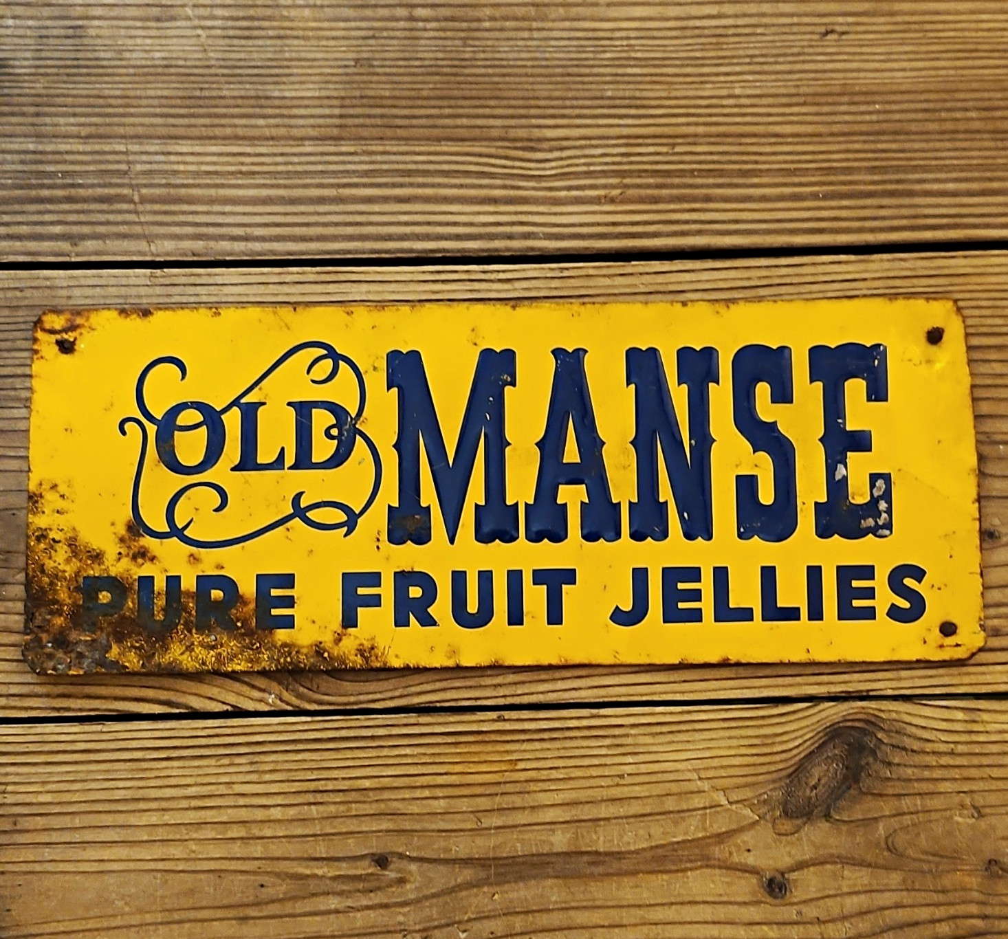 Vintage Old Manse Pure Fruit Jellies Emboss Metal Sign Yellow/Blue w Petina-RARE Vintage Old Manse Pure Fruit Jellies Emboss Metal Sign Yellow/Blue w Petina-RARE
