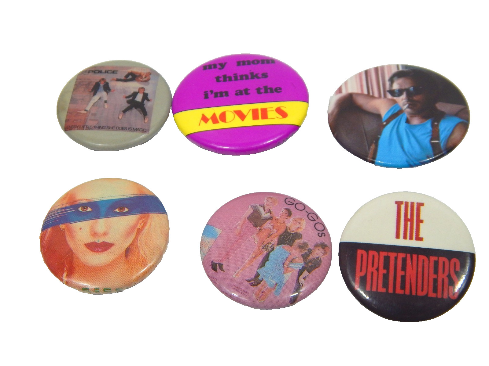 Set Of 6 1980\'s Pop Culture Pinbacks Go Gos Missing Persons Pretenders More
