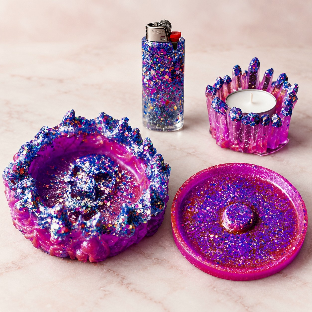 Pink Resin Skull Smoking Set Ashtray Incense Holder Lighter Case 4pc