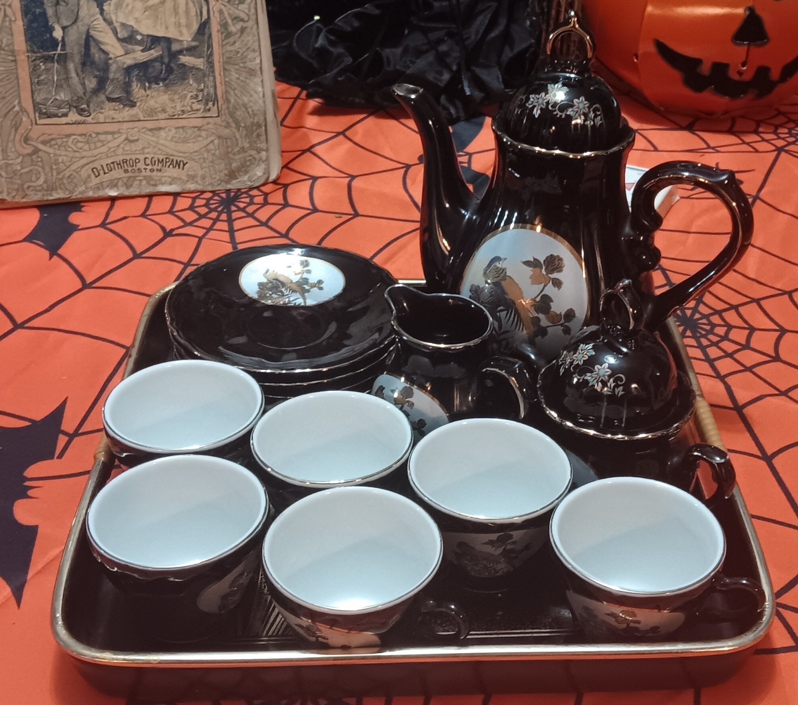 Vintage Japanese\'s Fine China Tea Set Black Porcelain 1950-80s 16-piece Vintage Japanese\'s Fine China Tea Set Black Porcelain 1950-80s 16-piece