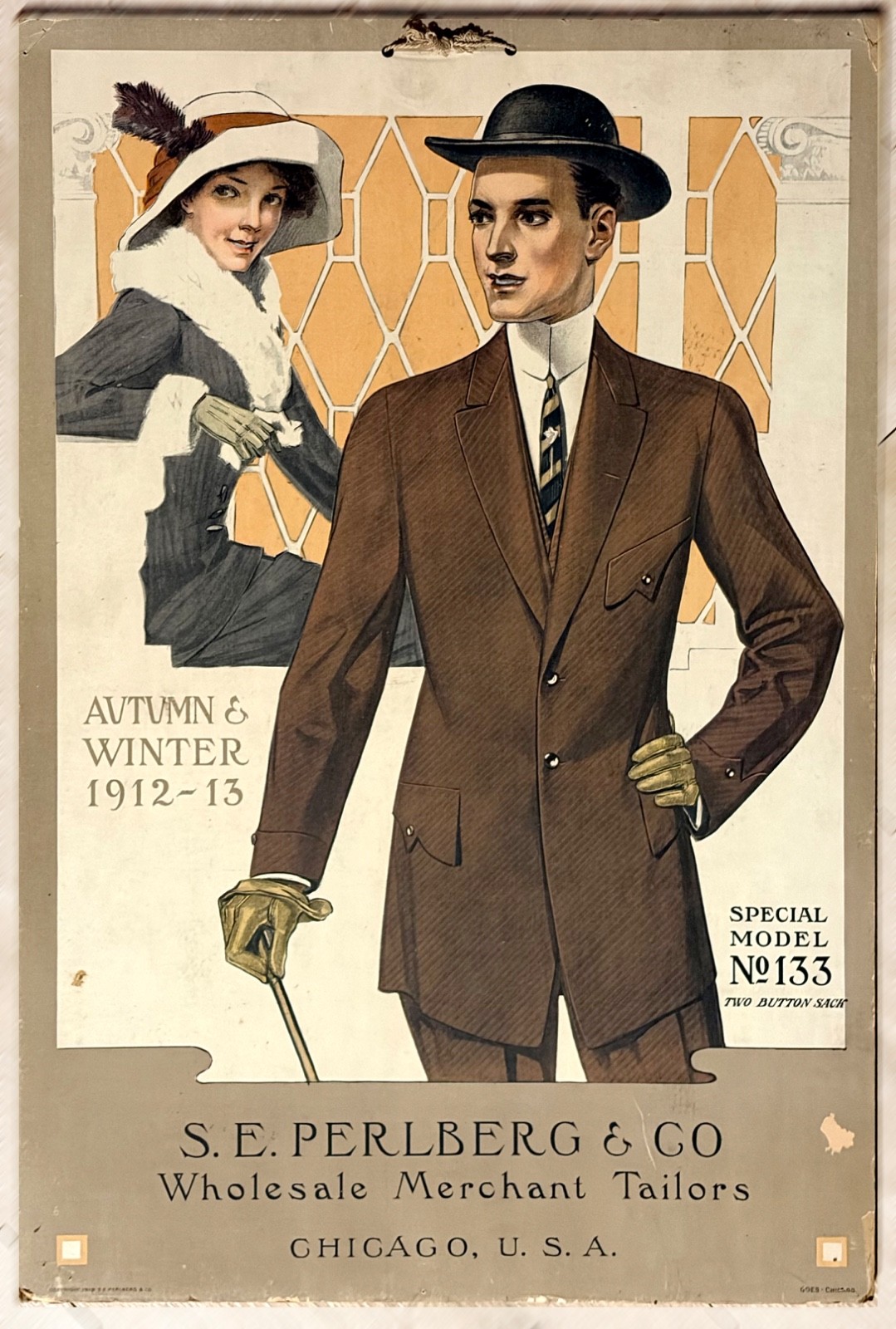1912 Advertising Sign • PERLBERG Chicago Tailor • Haberdashery Store • MENS SUIT