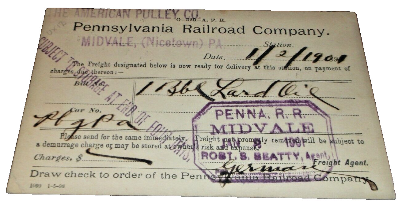 JANUARY 1901 PRR PENNSYLVANIA RAILROAD MIDVALE NICETOWN FREIGHT DELIVERY JANUARY 1901 PRR PENNSYLVANIA RAILROAD MIDVALE NICETOWN FREIGHT DELIVERY