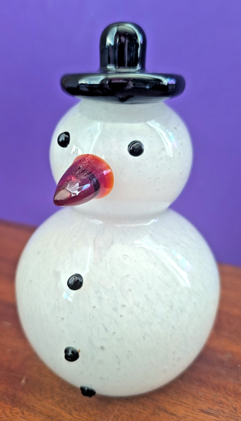 Hand Blown Art Glass Snowman Figurine Black Top Hat Carrot Nose 6 Hand Blown Art Glass Snowman Figurine Black Top Hat Carrot Nose 6